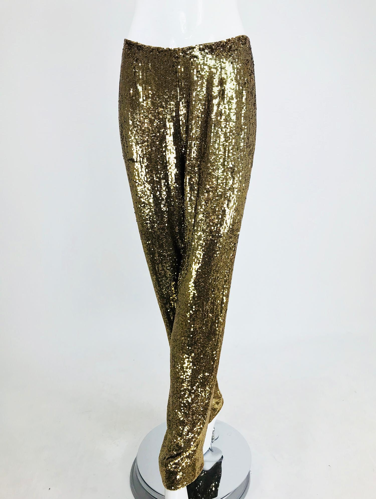 Ralph Rucci Burnished Gold Sequin Evening Trouser. Gorgeous sequin encrusted trouser covered with tiny burnished gold sequins. Interior waist band, trousers are fully lined in taupe silk, with hand set zipper to close at the back, hidden bar hook at