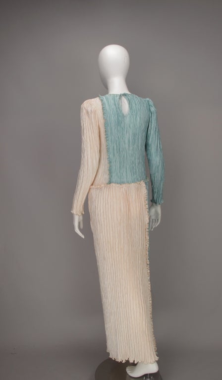 Mary McFadden Pleated Fourtuny Style Colour Block Gown 1980s For Sale ...