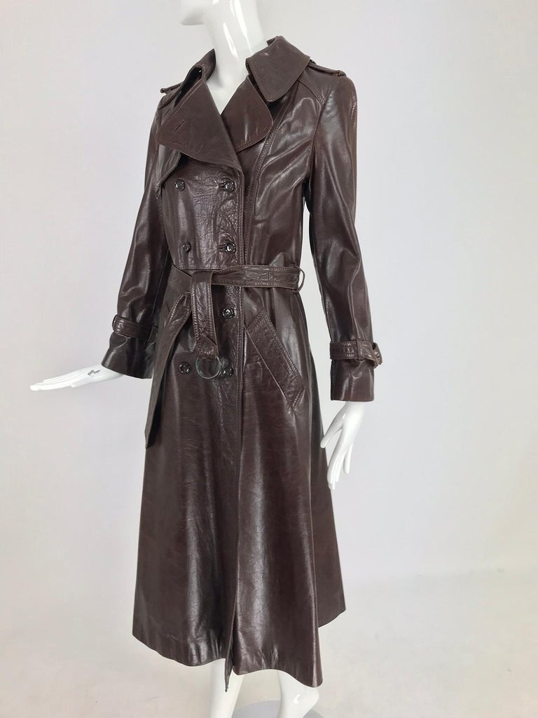 Anne Klein Chocolate brown leather trench coat 1970s at 1stDibs