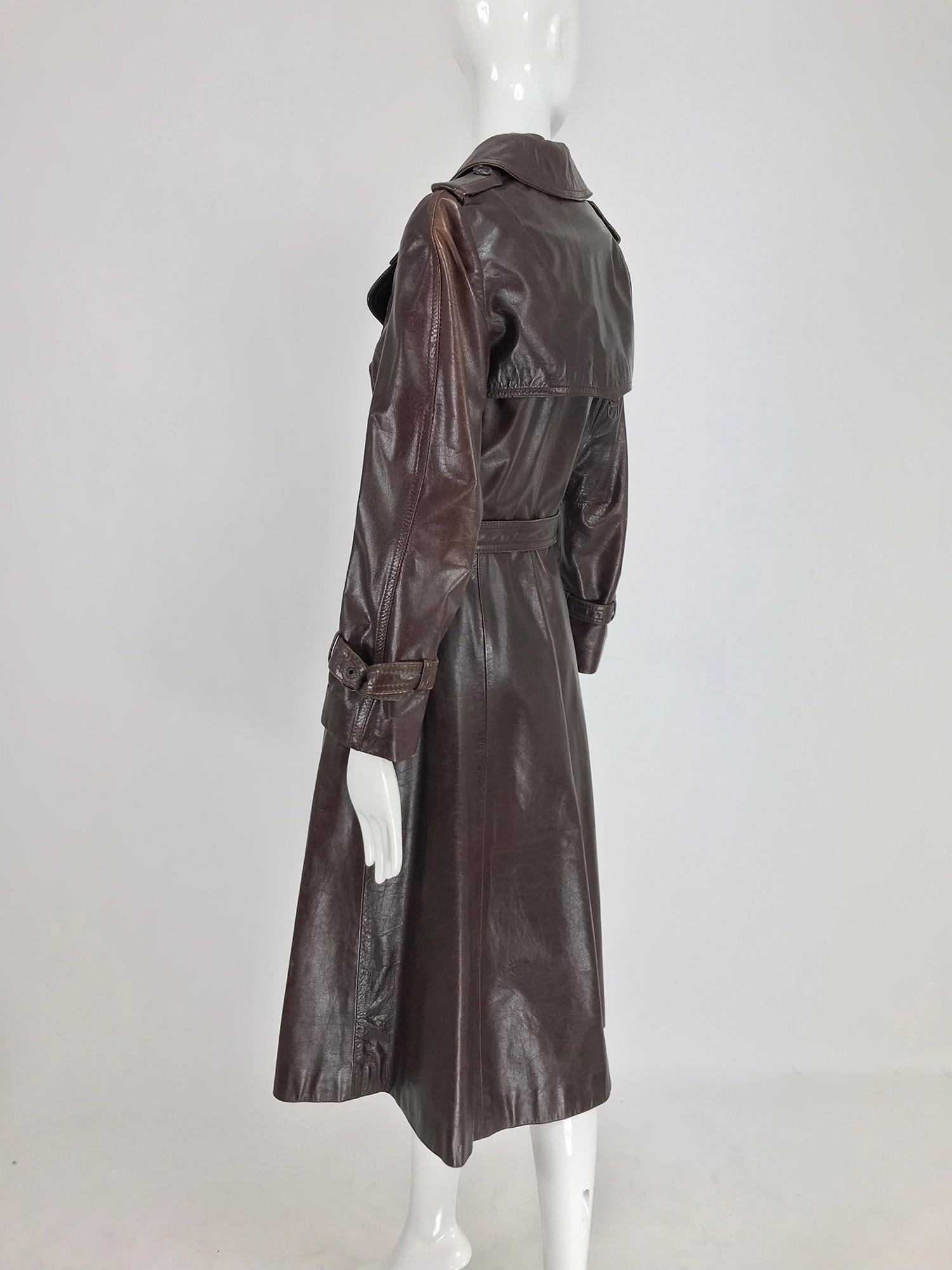 Black Anne Klein Chocolate brown leather trench coat 1970s