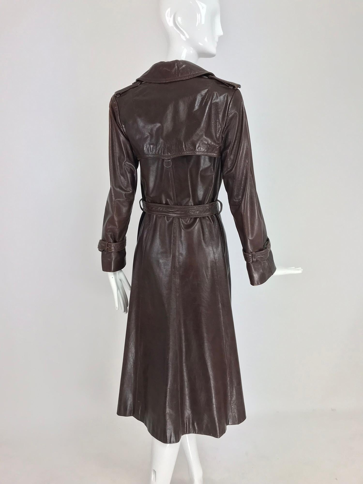 Anne Klein Chocolate brown leather trench coat 1970s 1