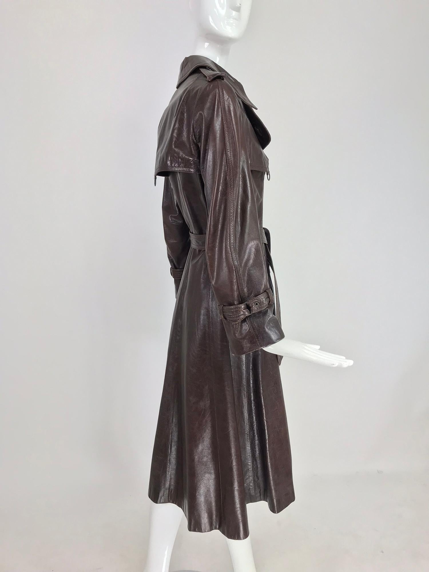Anne Klein Chocolate brown leather trench coat 1970s 4