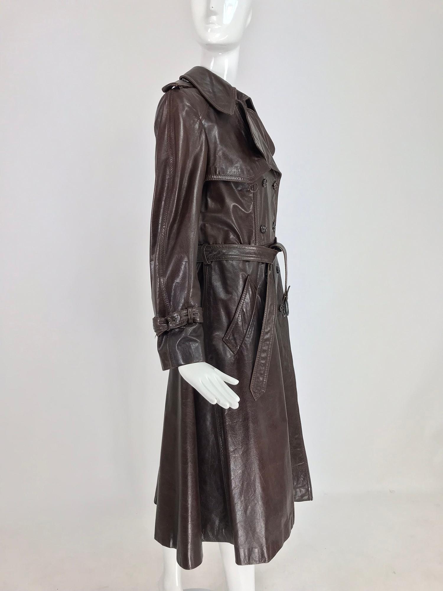 Anne Klein Chocolate brown leather trench coat 1970s 5