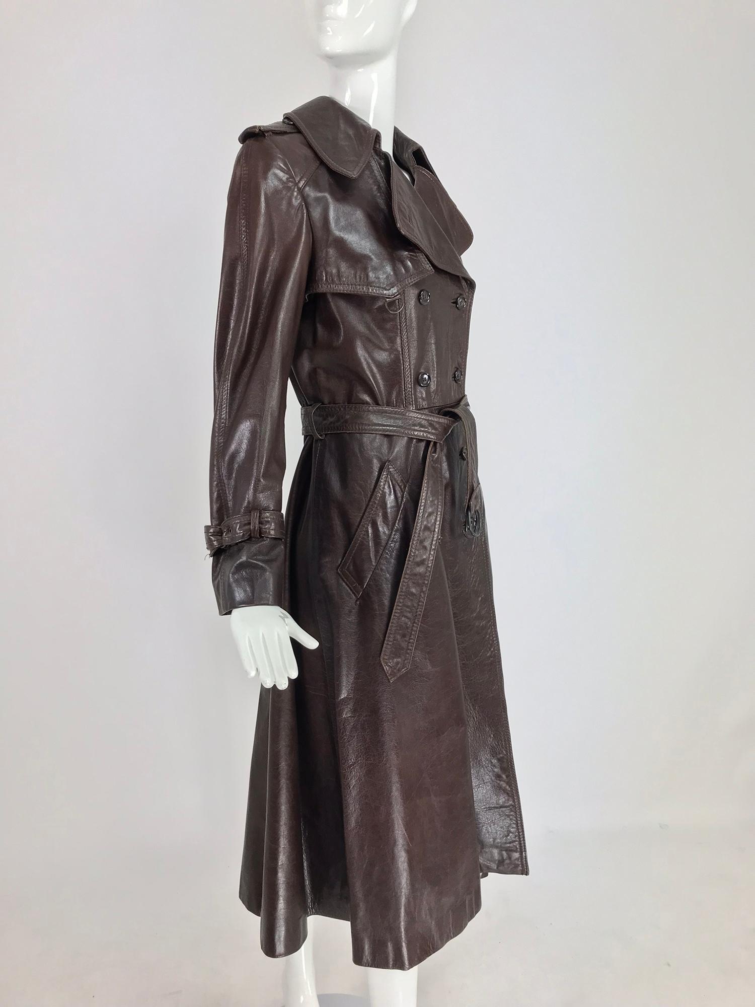 Anne Klein Chocolate brown leather trench coat 1970s 6