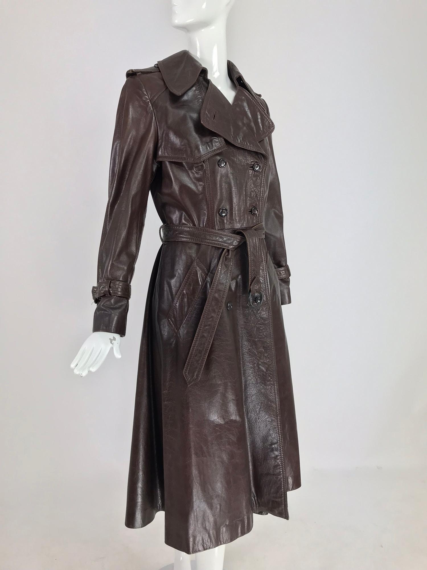 Anne Klein Chocolate brown leather trench coat 1970s 7