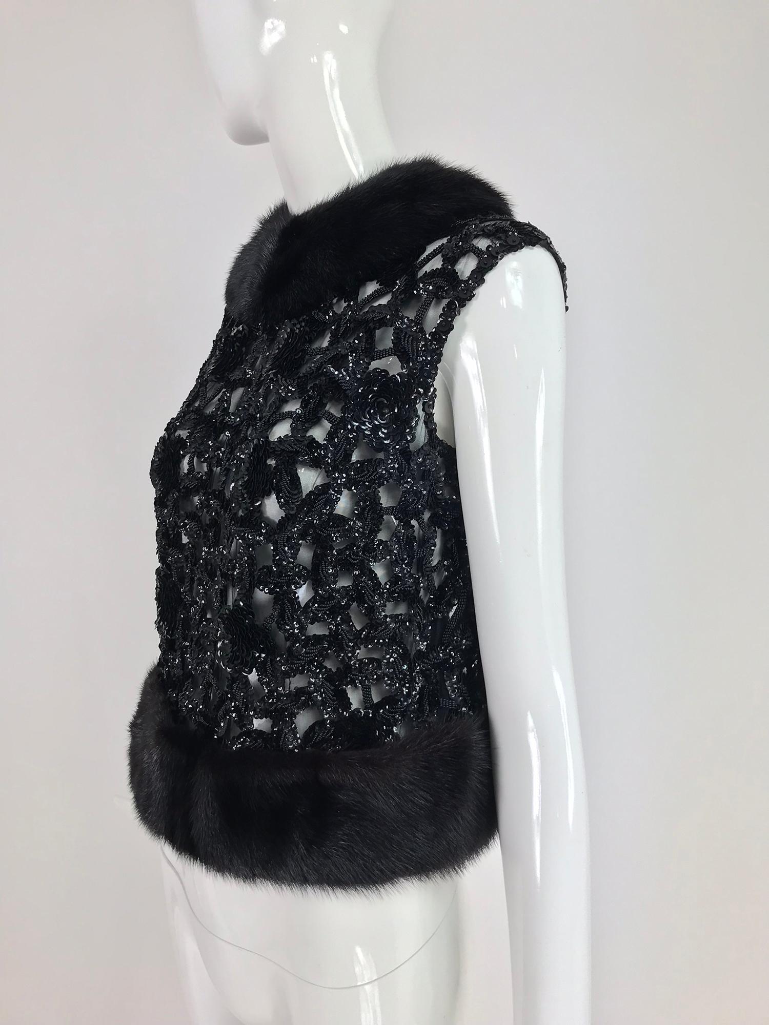Black Mink trimmed peek a boo sequin evening top 1950s In Excellent Condition In West Palm Beach, FL