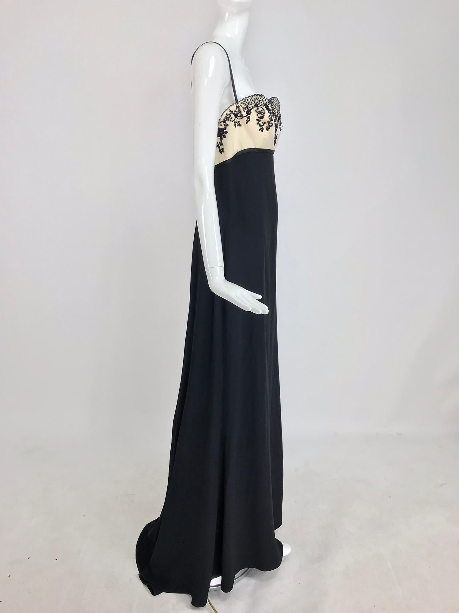 Women's Reem Acra Beaded Silk Cream Satin and Black Crepe Empire Gown  12