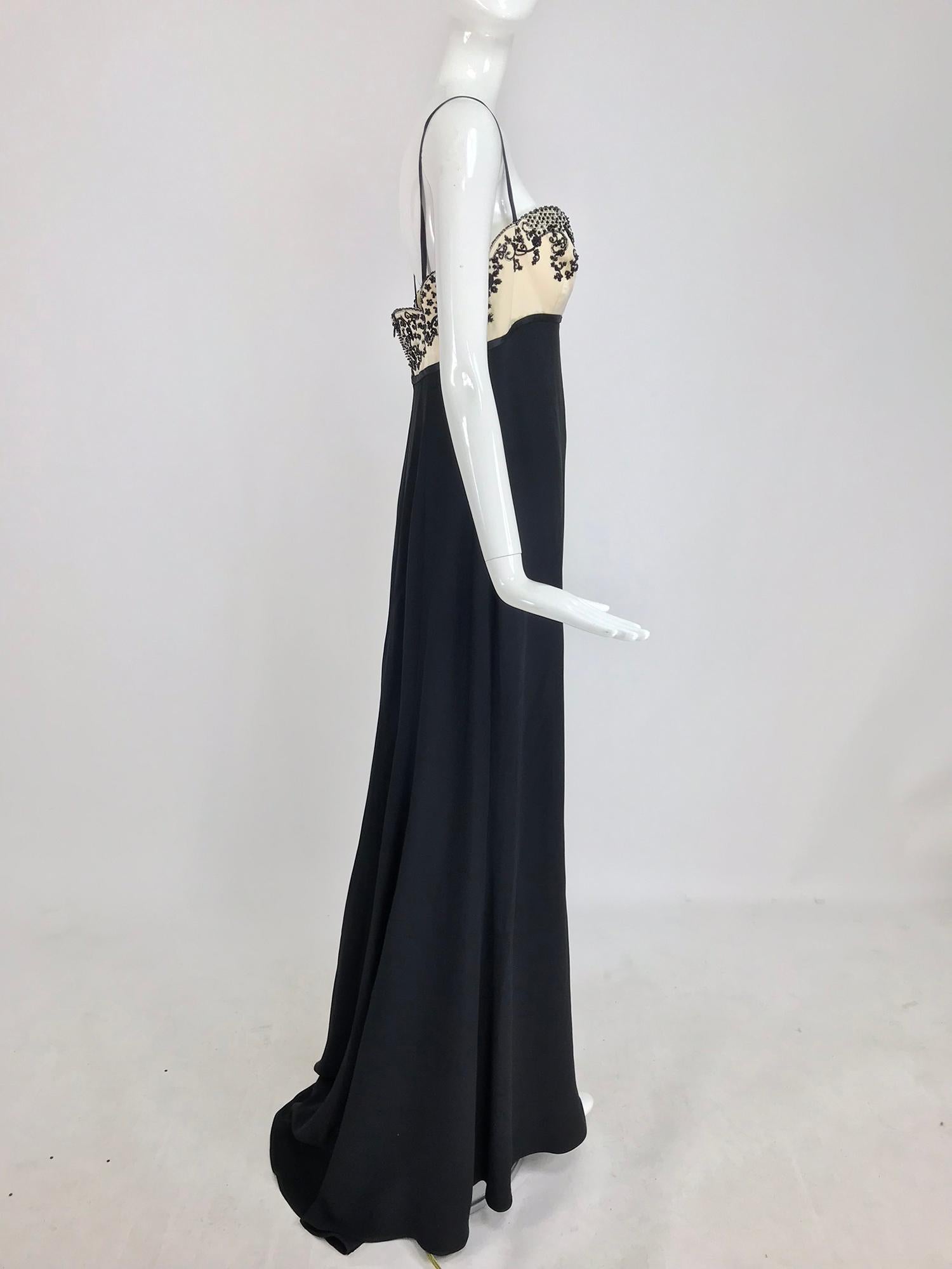 Reem Acra Beaded Silk Cream Satin and Black Crepe Empire Gown  12 1