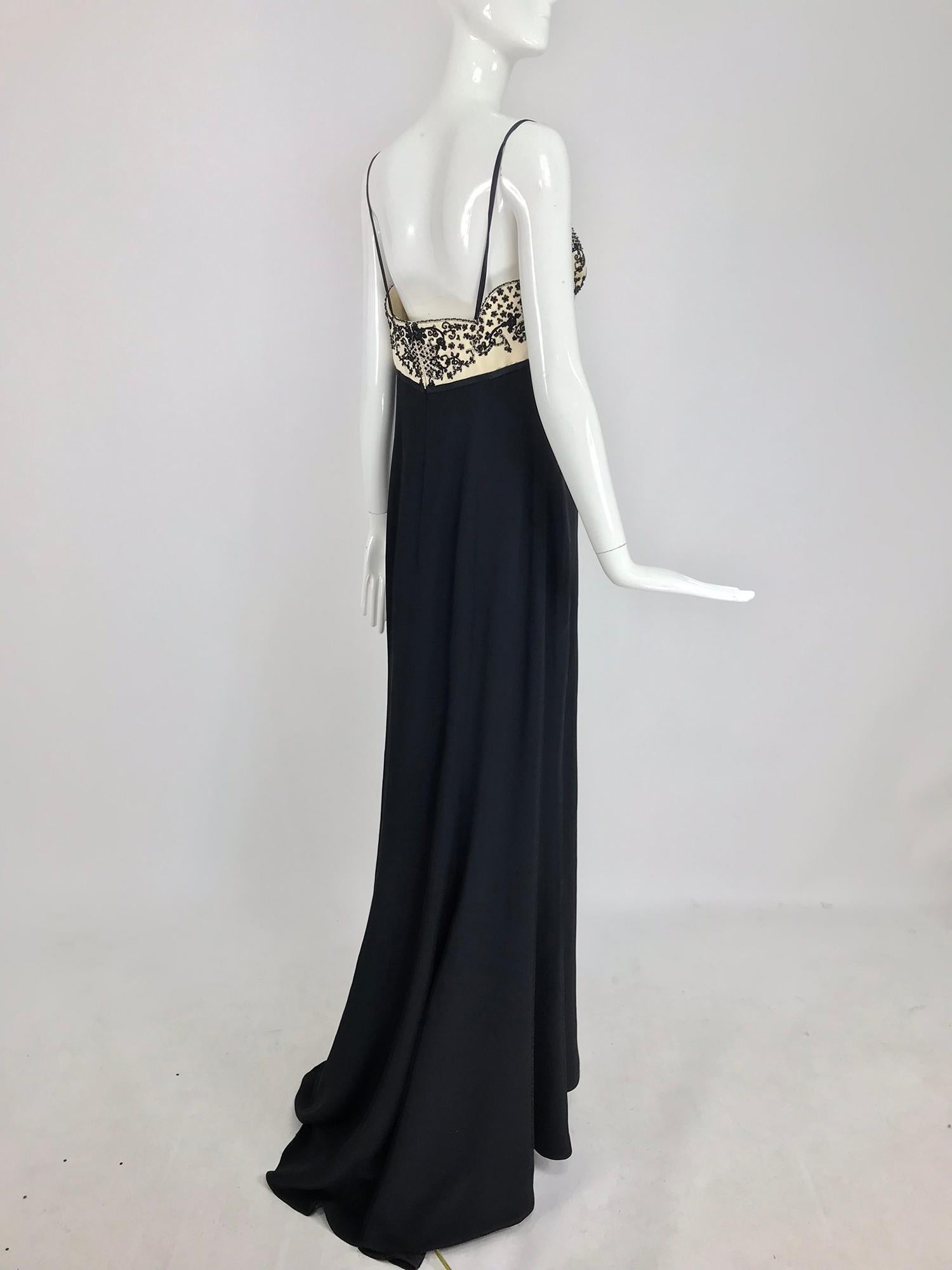 Reem Acra Beaded Silk Cream Satin and Black Crepe Empire Gown  12 2