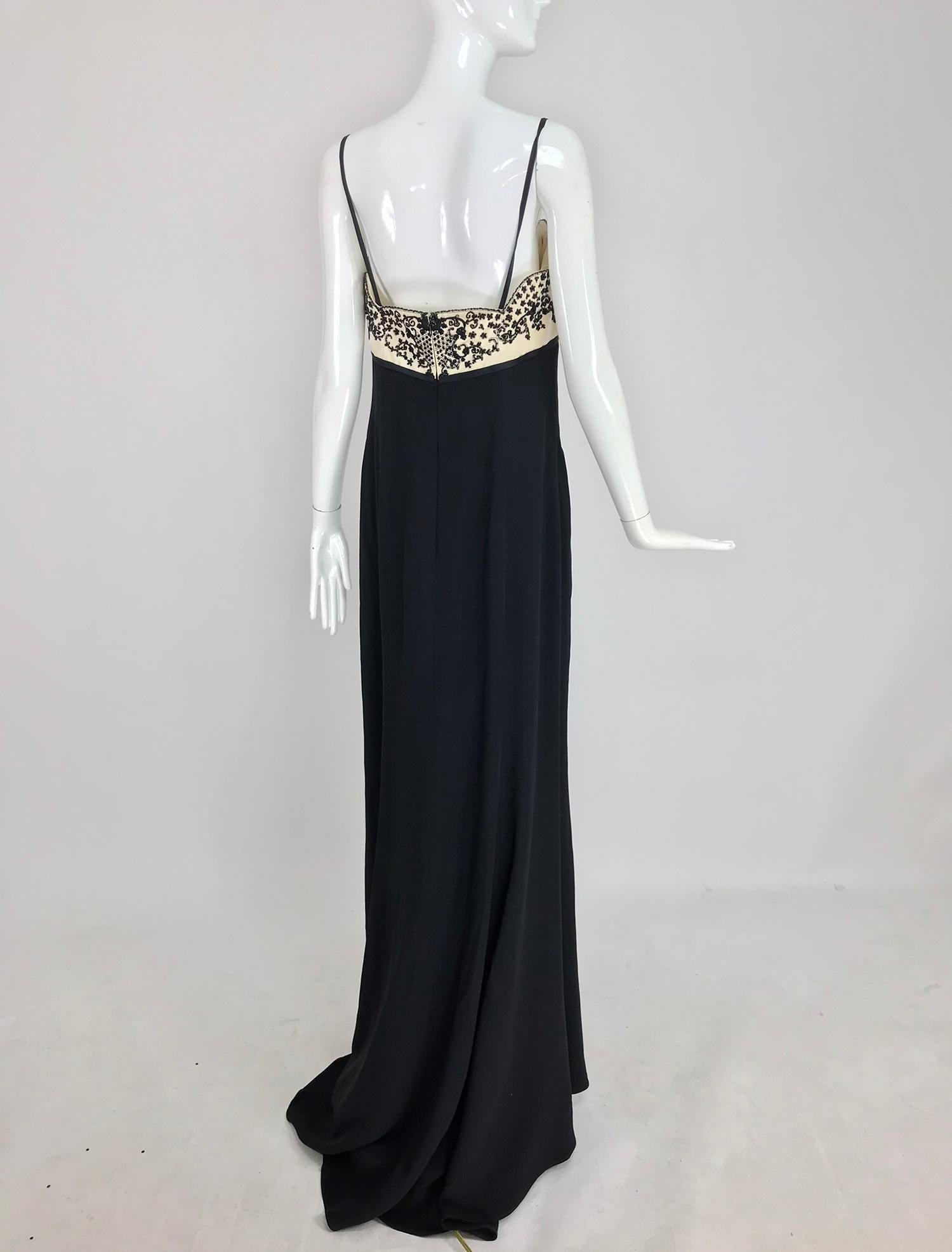 Reem Acra Beaded Silk Cream Satin and Black Crepe Empire Gown  12 3