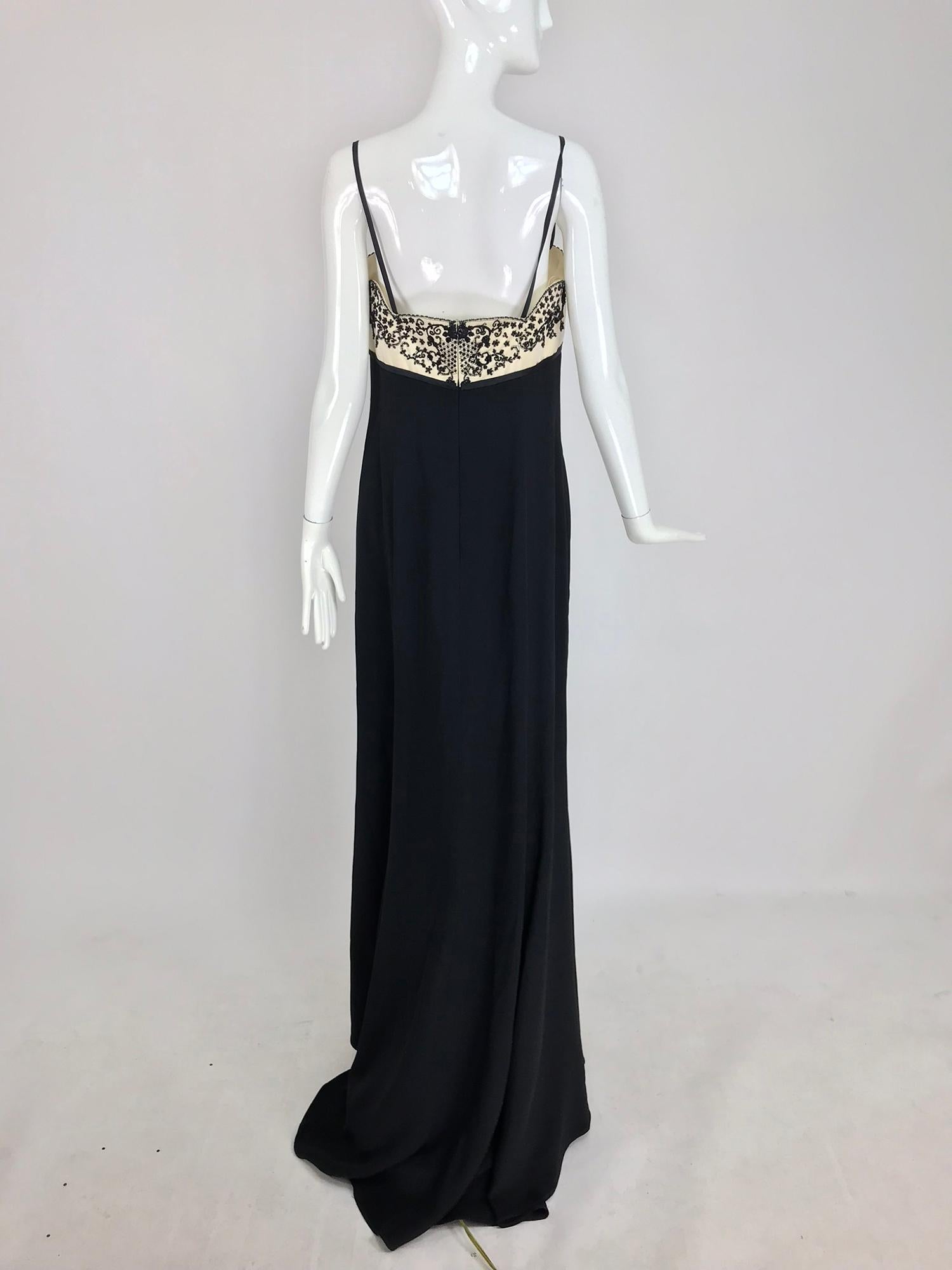 Reem Acra Beaded Silk Cream Satin and Black Crepe Empire Gown  12 4