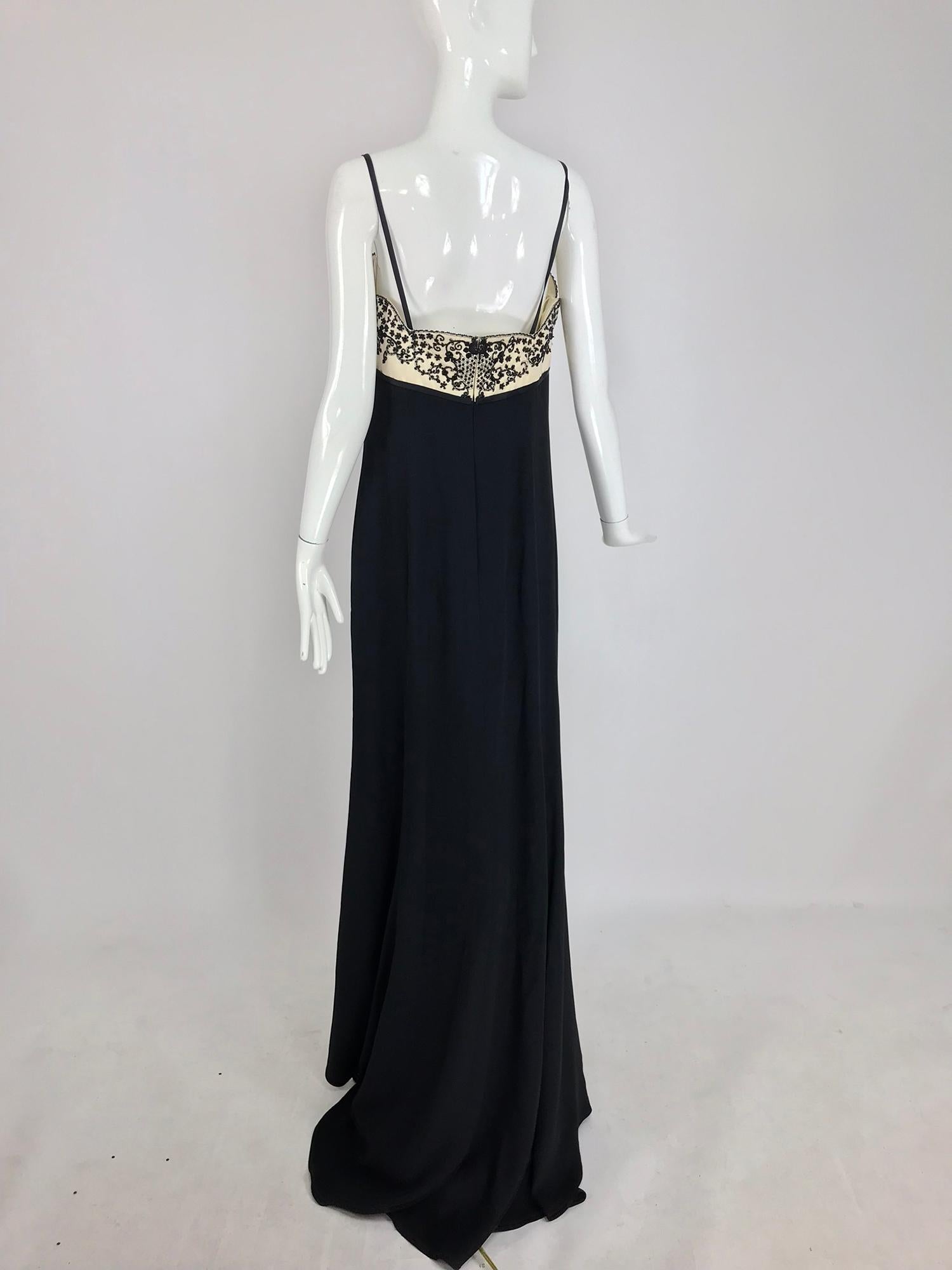 Reem Acra Beaded Silk Cream Satin and Black Crepe Empire Gown  12 5