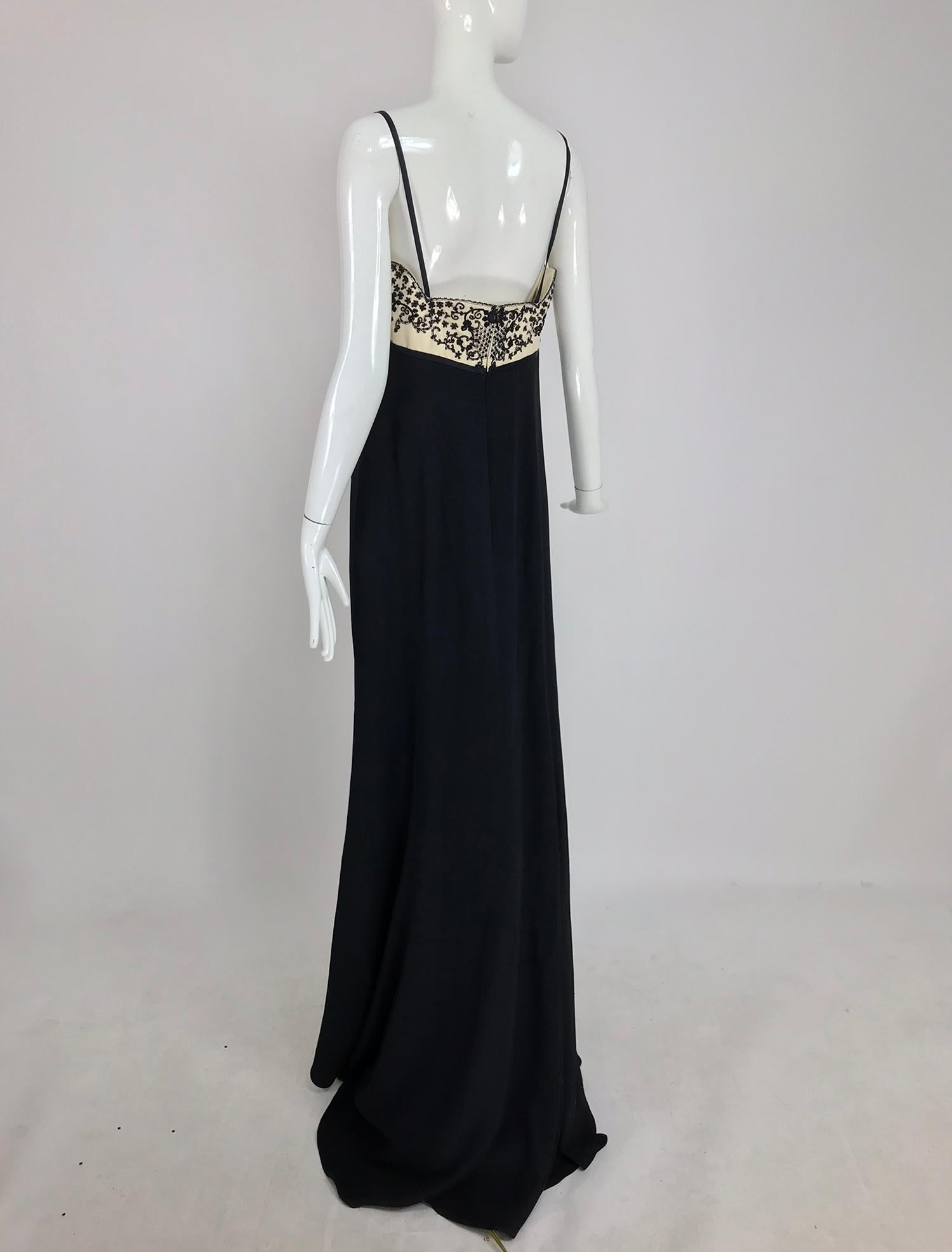 Reem Acra Beaded Silk Cream Satin and Black Crepe Empire Gown  12 6