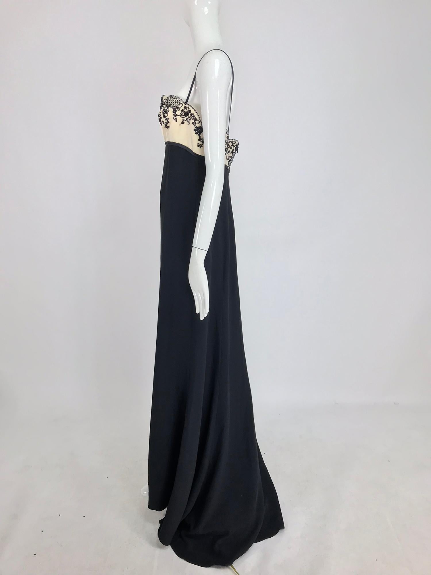 Reem Acra Beaded Silk Cream Satin and Black Crepe Empire Gown  12 7
