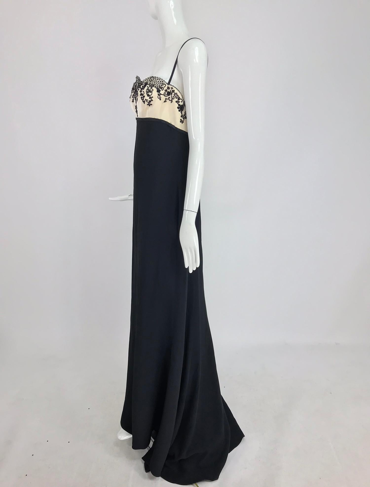 Reem Acra Beaded Silk Cream Satin and Black Crepe Empire Gown  12 8