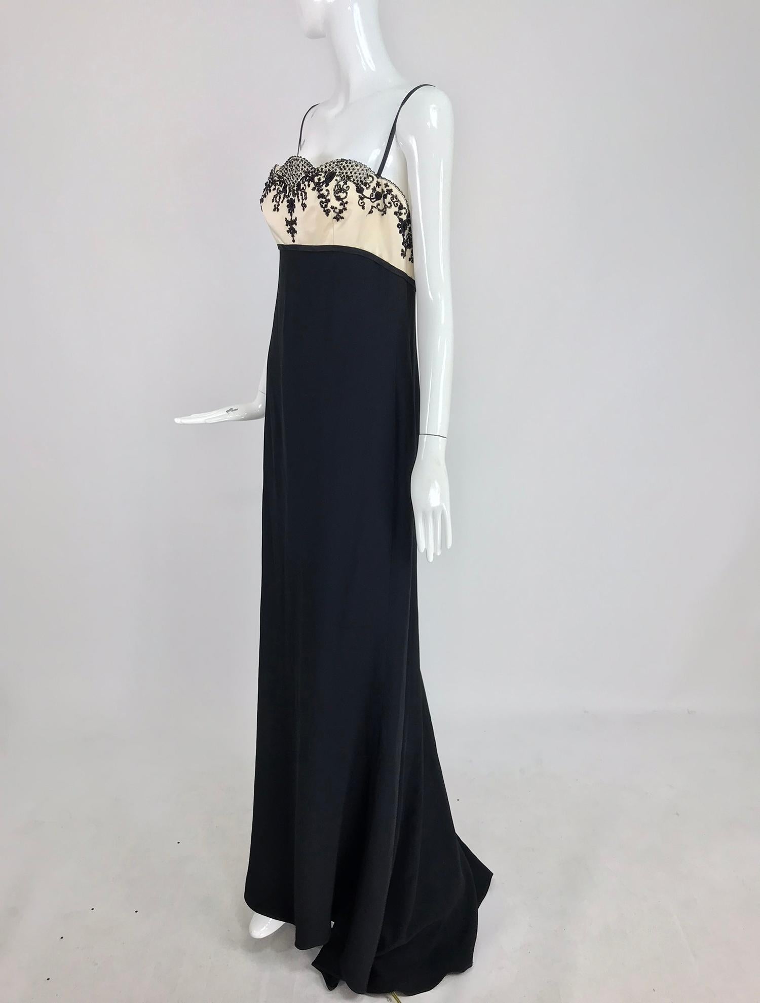 Reem Acra Beaded Silk Cream Satin and Black Crepe Empire Gown  12 9