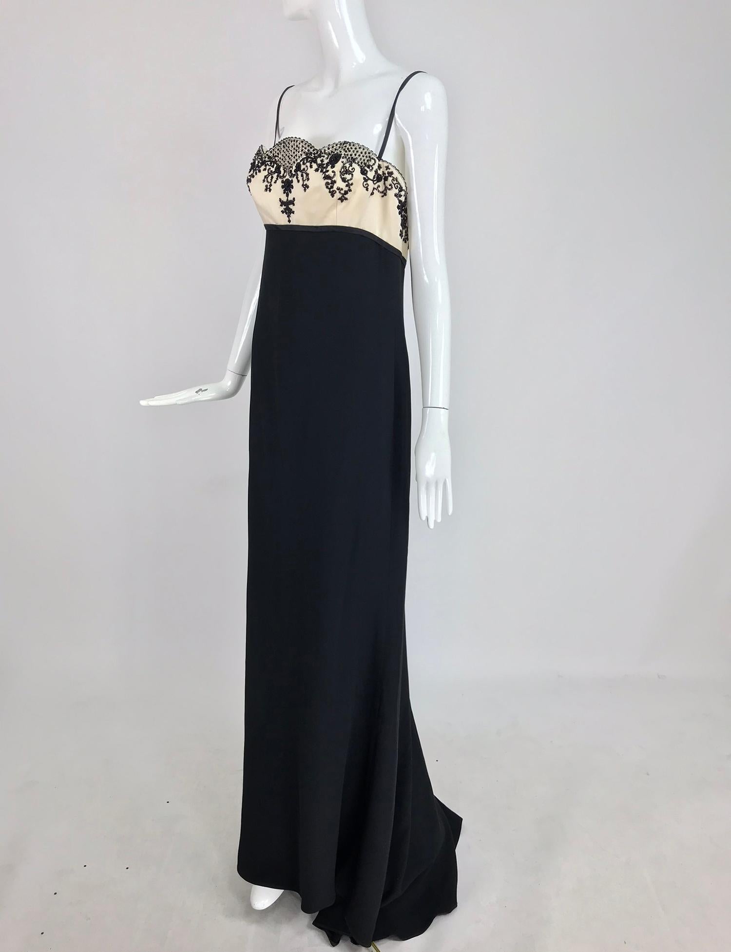 Reem Acra Beaded Silk Cream Satin and Black Crepe Empire Gown  12 10