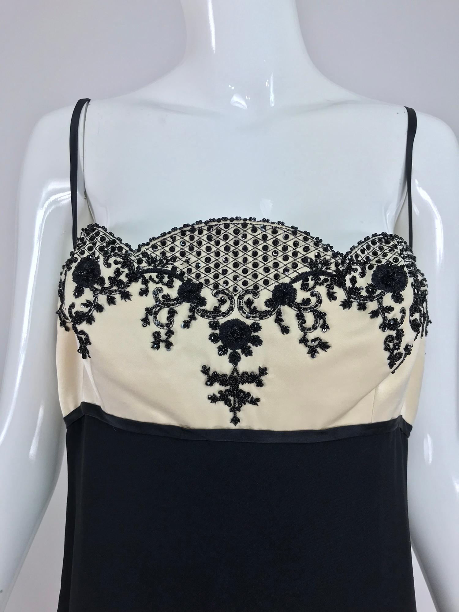Reem Acra Beaded Silk Cream Satin and Black Crepe Empire Gown  12 11