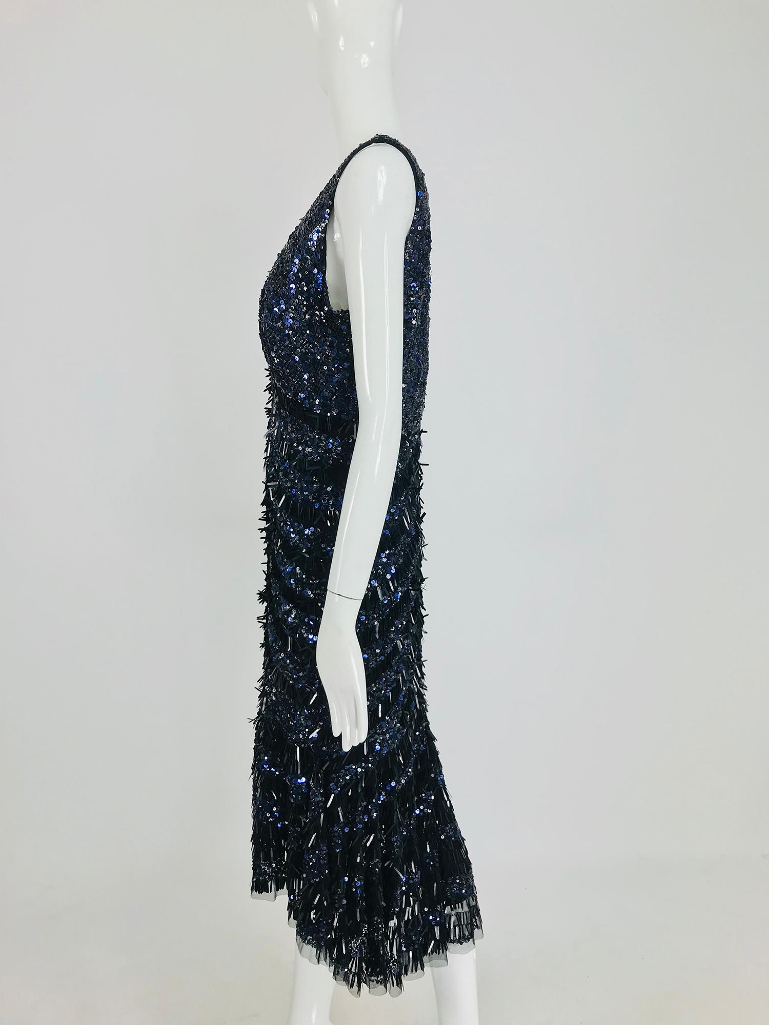 Theia Sequin Evening Cocktail Dress in Black and Blue 12 10
