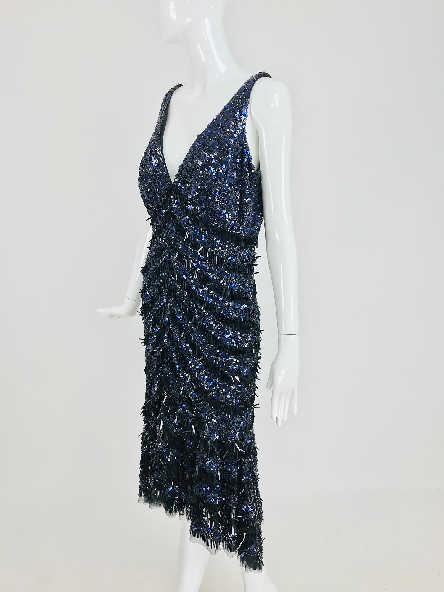 Theia Sequin Evening Cocktail Dress in Black and Blue 12 11