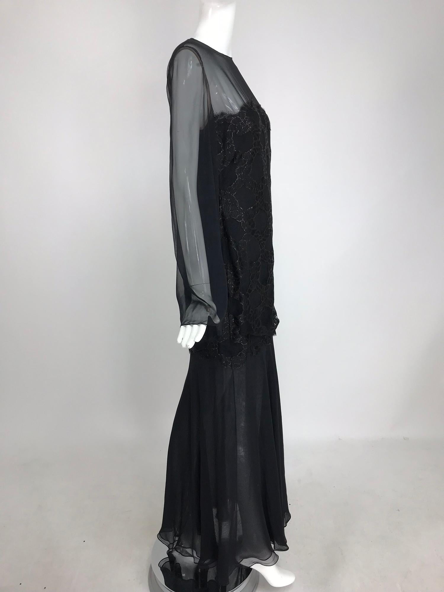 Bill Blass Lacquered Lace Over Black silk chiffon Evening Dress 1970s 12 In Excellent Condition For Sale In West Palm Beach, FL