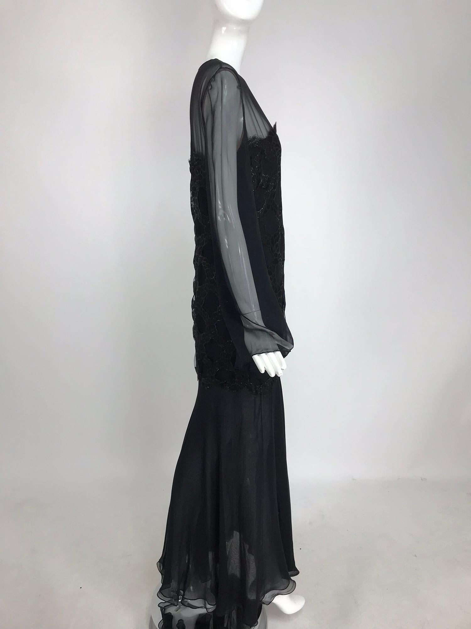 Women's Bill Blass Lacquered Lace Over Black silk chiffon Evening Dress 1970s 12 For Sale