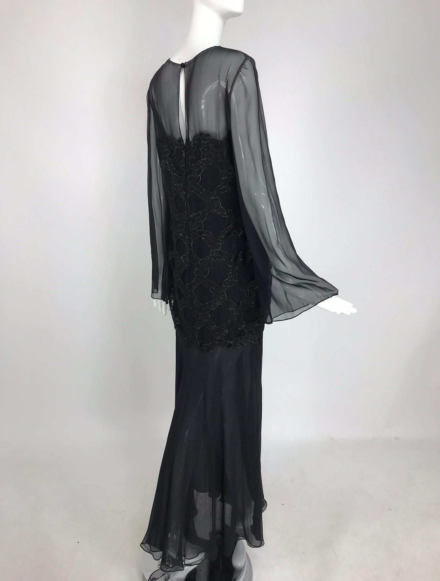 Bill Blass Lacquered Lace Over Black silk chiffon Evening Dress 1970s 12 For Sale 2