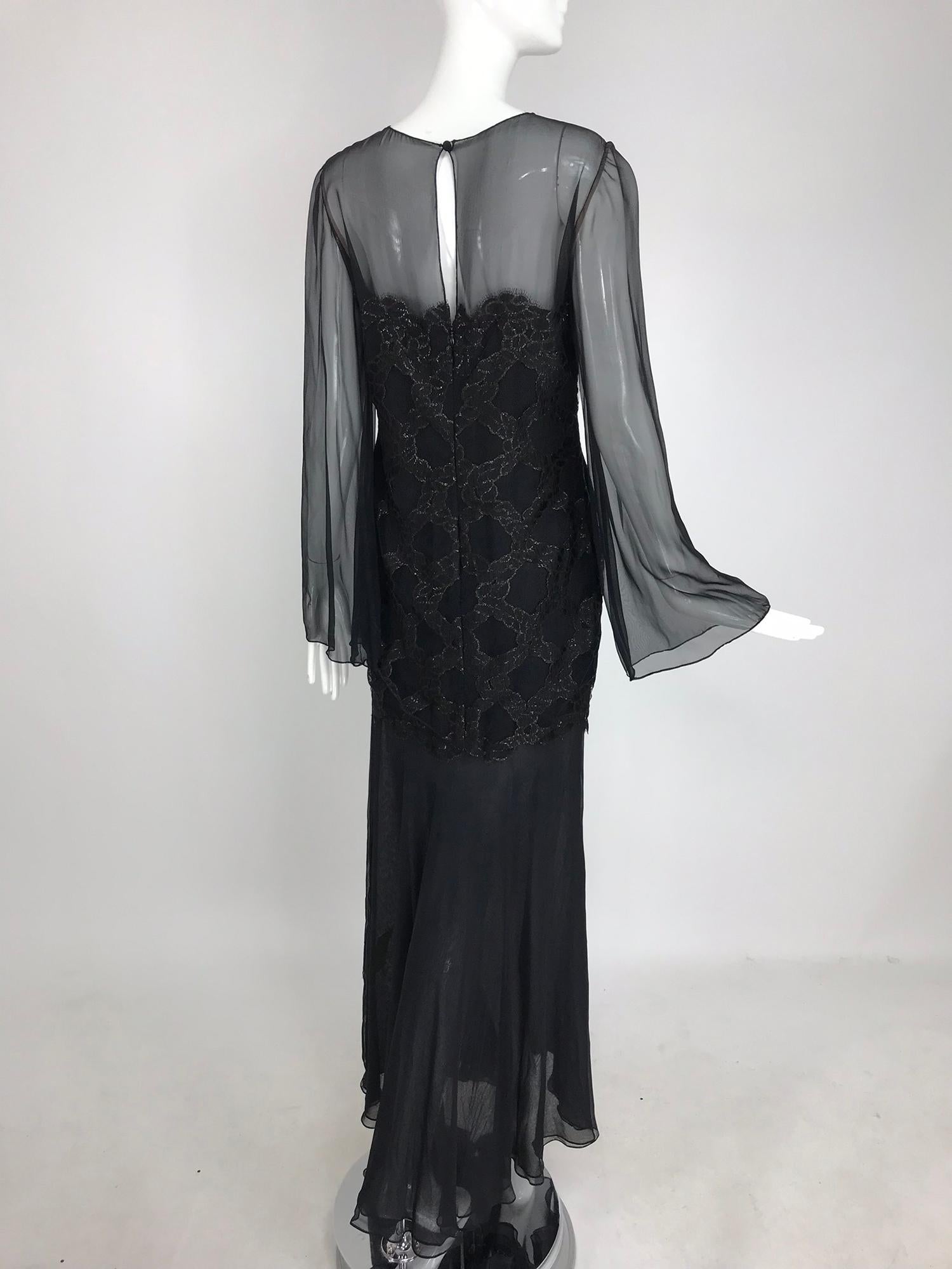 Bill Blass Lacquered Lace Over Black silk chiffon Evening Dress 1970s 12 For Sale 3