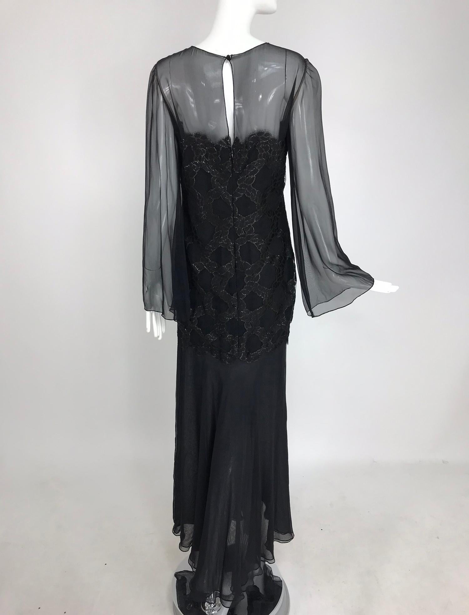 Bill Blass Lacquered Lace Over Black silk chiffon Evening Dress 1970s 12 For Sale 4