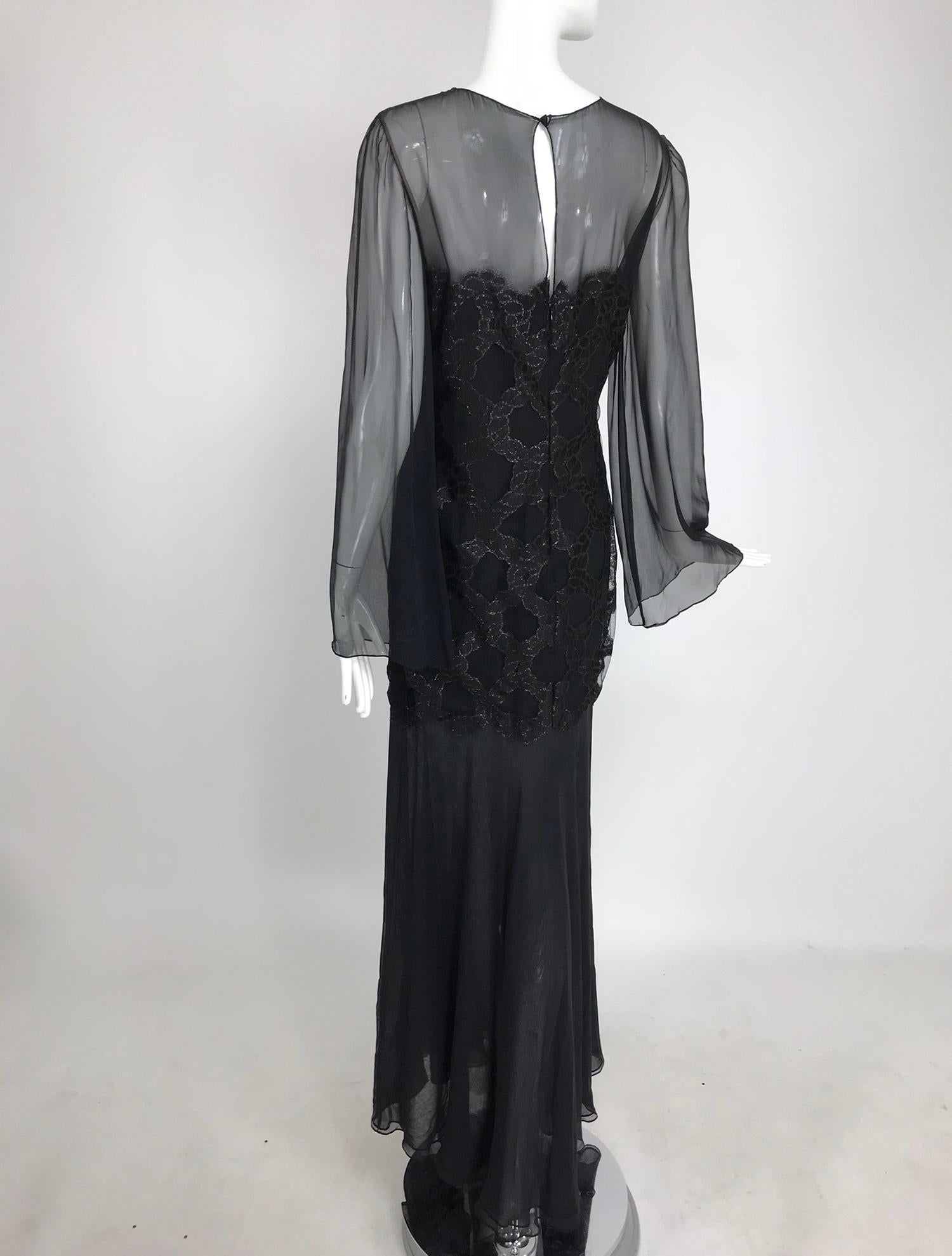 Bill Blass Lacquered Lace Over Black silk chiffon Evening Dress 1970s 12 For Sale 5