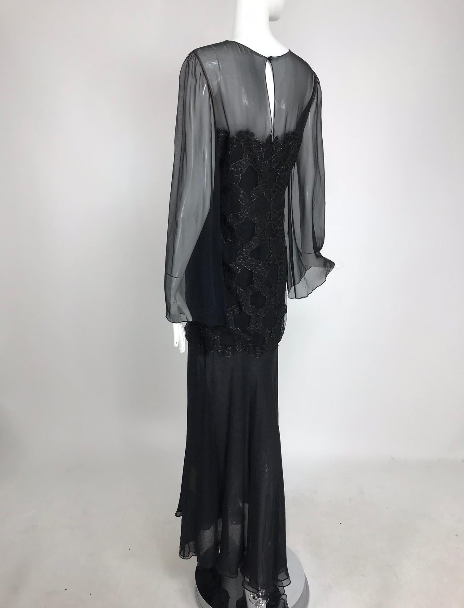 Bill Blass Lacquered Lace Over Black silk chiffon Evening Dress 1970s 12 For Sale 6