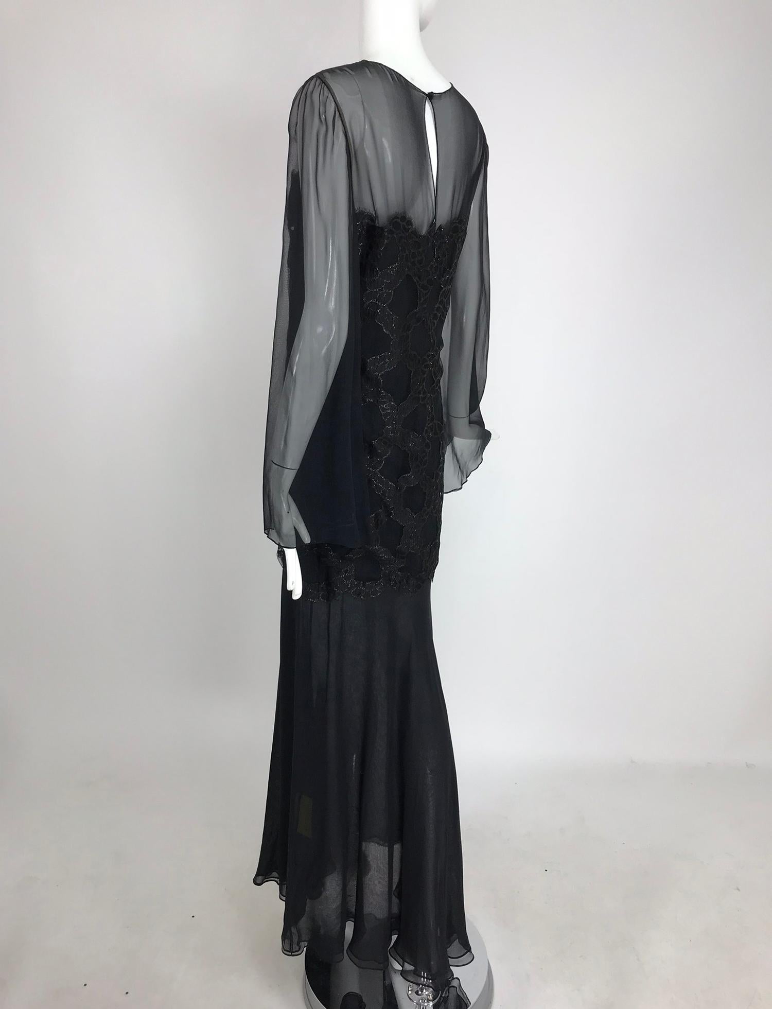 Bill Blass Lacquered Lace Over Black silk chiffon Evening Dress 1970s 12 For Sale 7