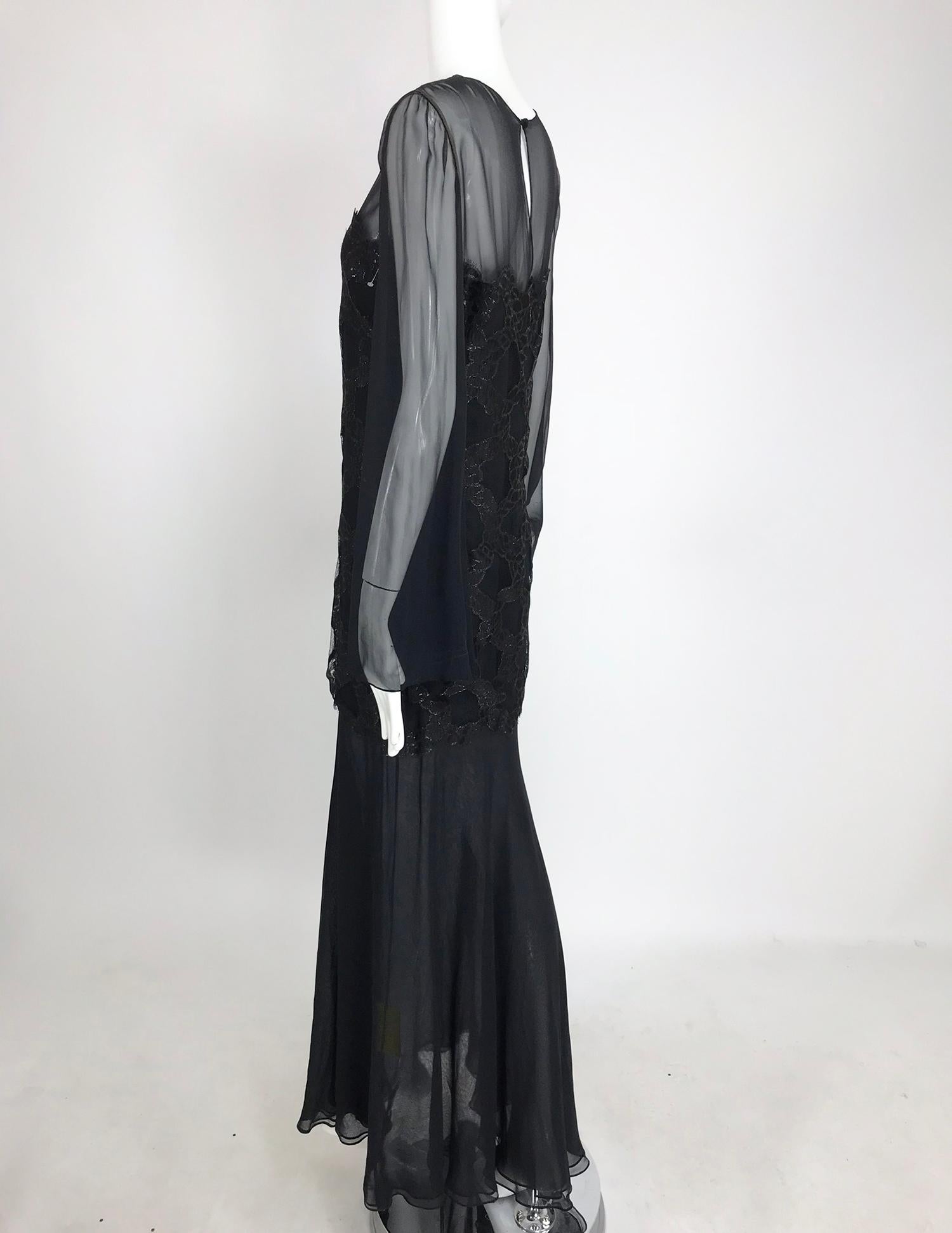 Bill Blass Lacquered Lace Over Black silk chiffon Evening Dress 1970s 12 For Sale 8