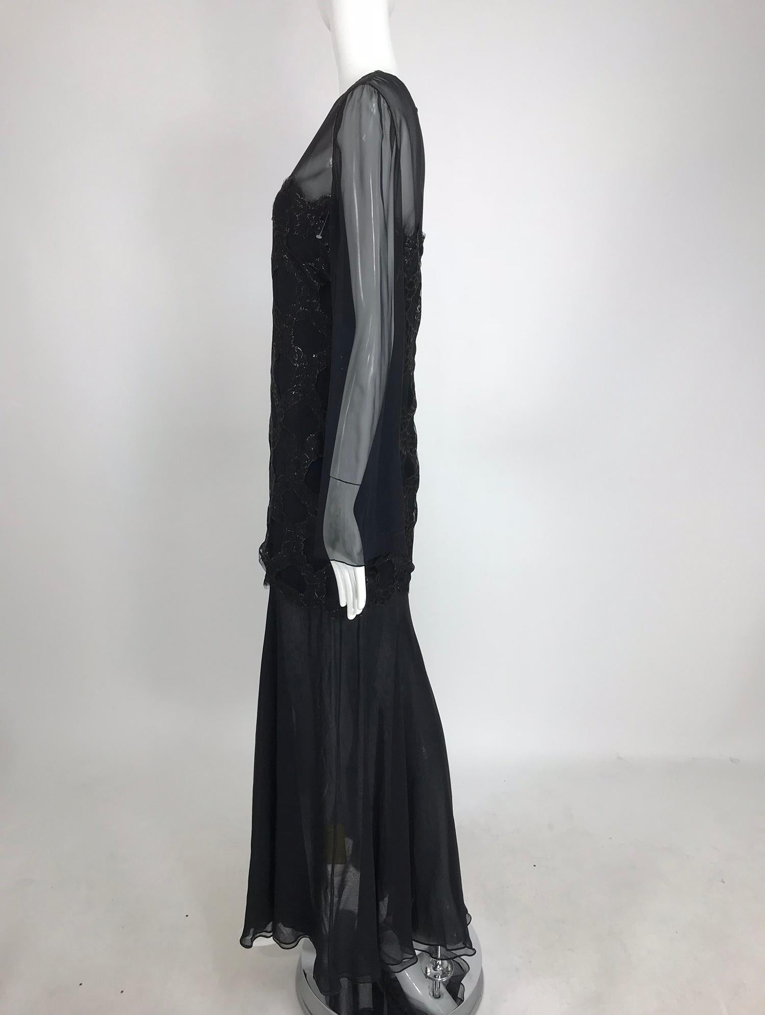 Bill Blass Lacquered Lace Over Black silk chiffon Evening Dress 1970s 12 For Sale 9