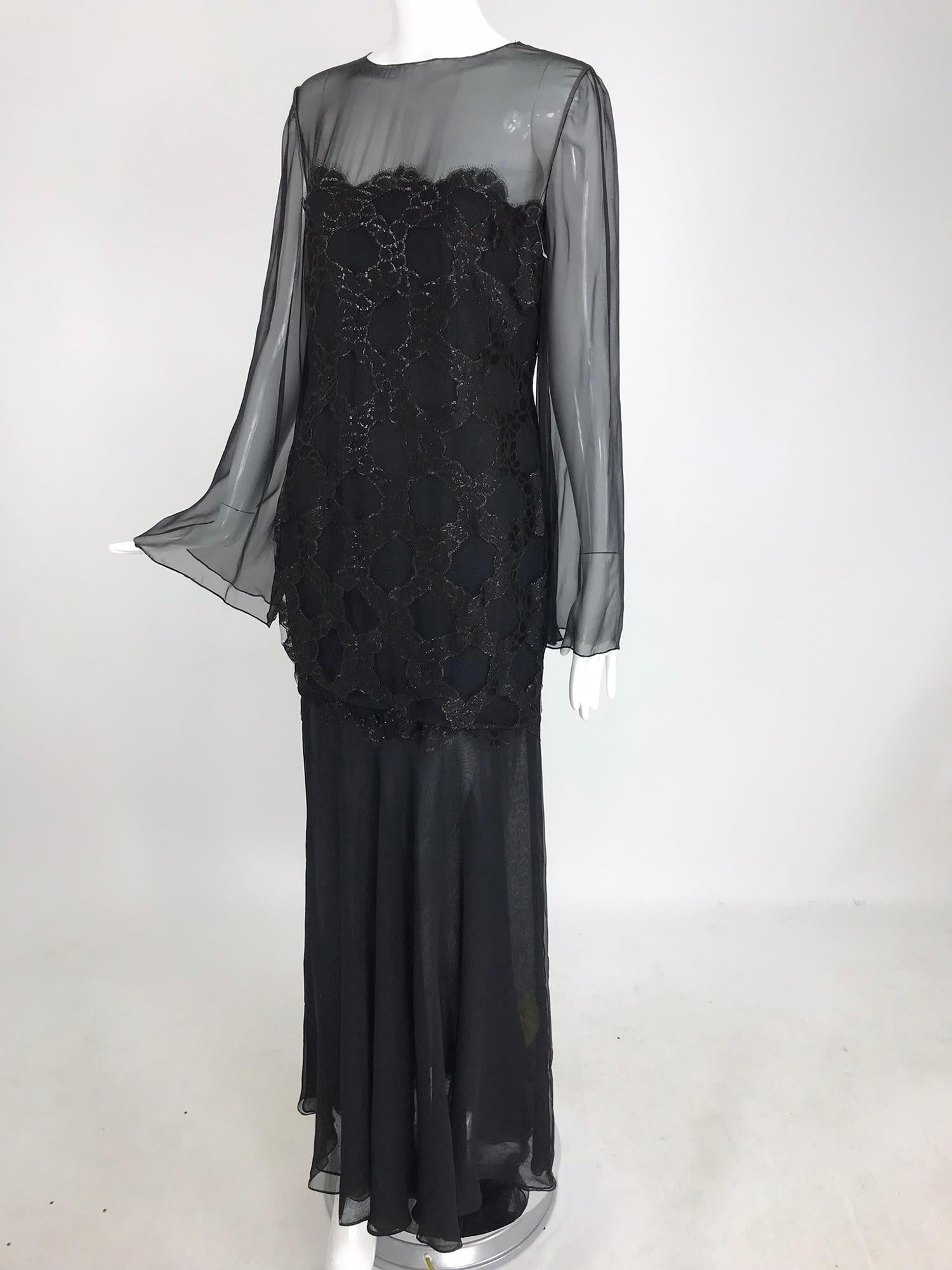 Bill Blass Lacquered Lace Over Black silk chiffon Evening Dress 1970s 12 For Sale 11