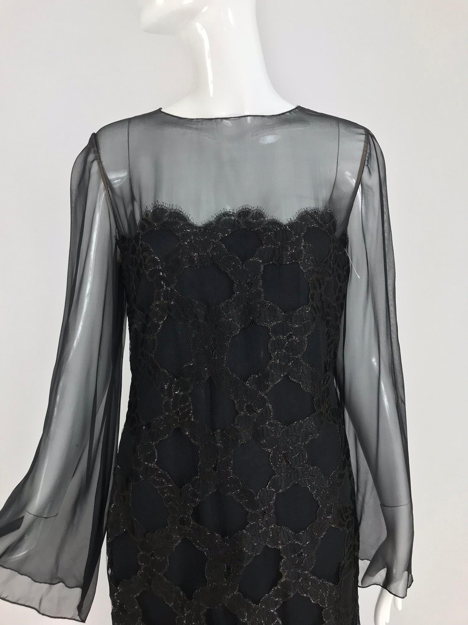 Bill Blass Lacquered Lace Over Black silk chiffon Evening Dress 1970s 12 For Sale 12