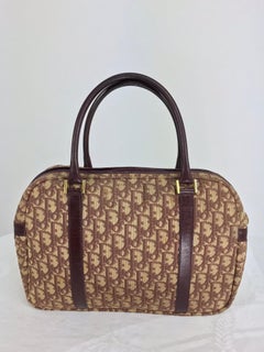 Christian DIor Burgundy Leather and Logo Canvas Large Handbag Rare 1970s