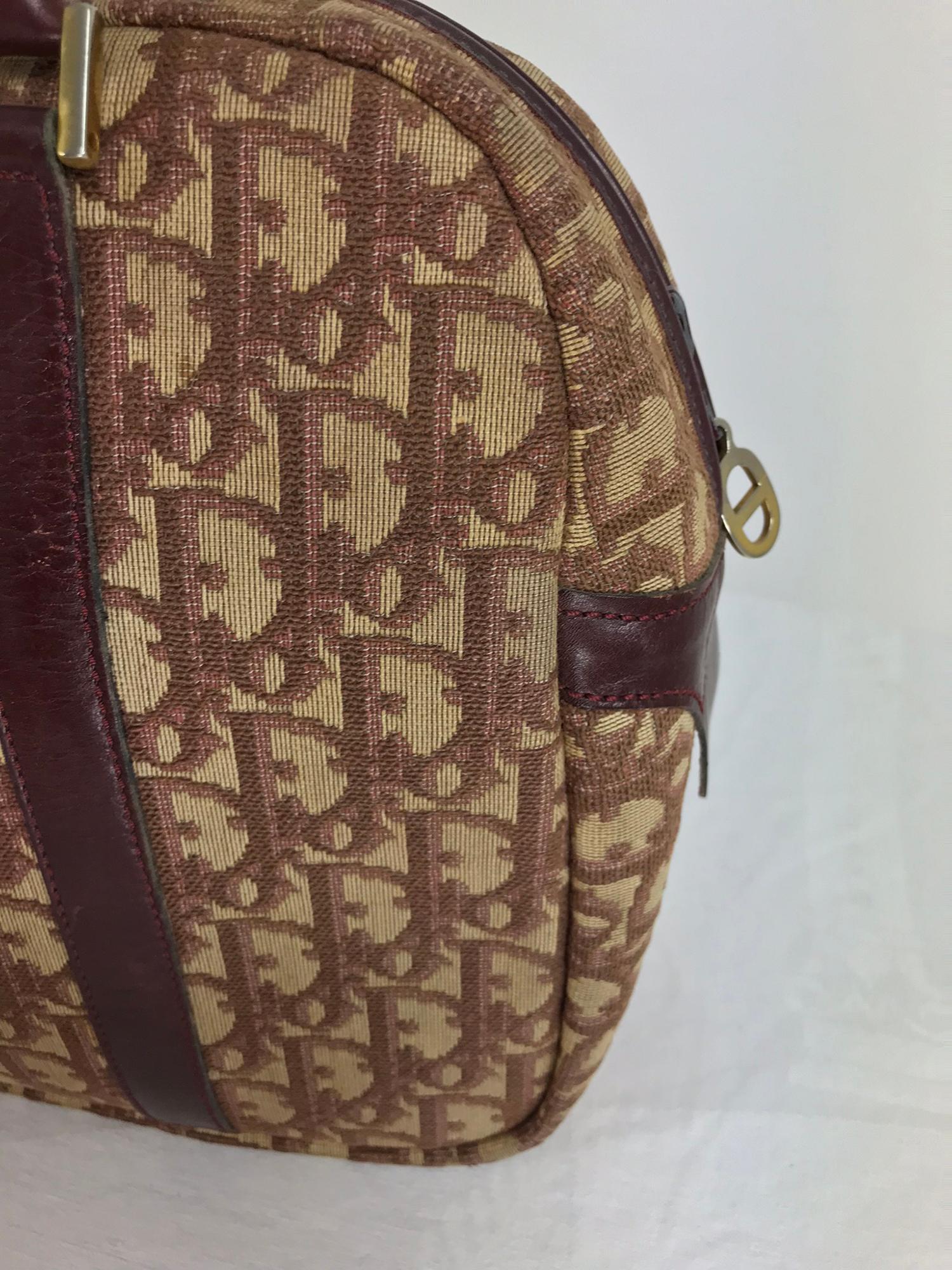 Christian DIor Burgundy Leather and Logo Canvas Large Handbag Rare 1970s  In Good Condition In West Palm Beach, FL
