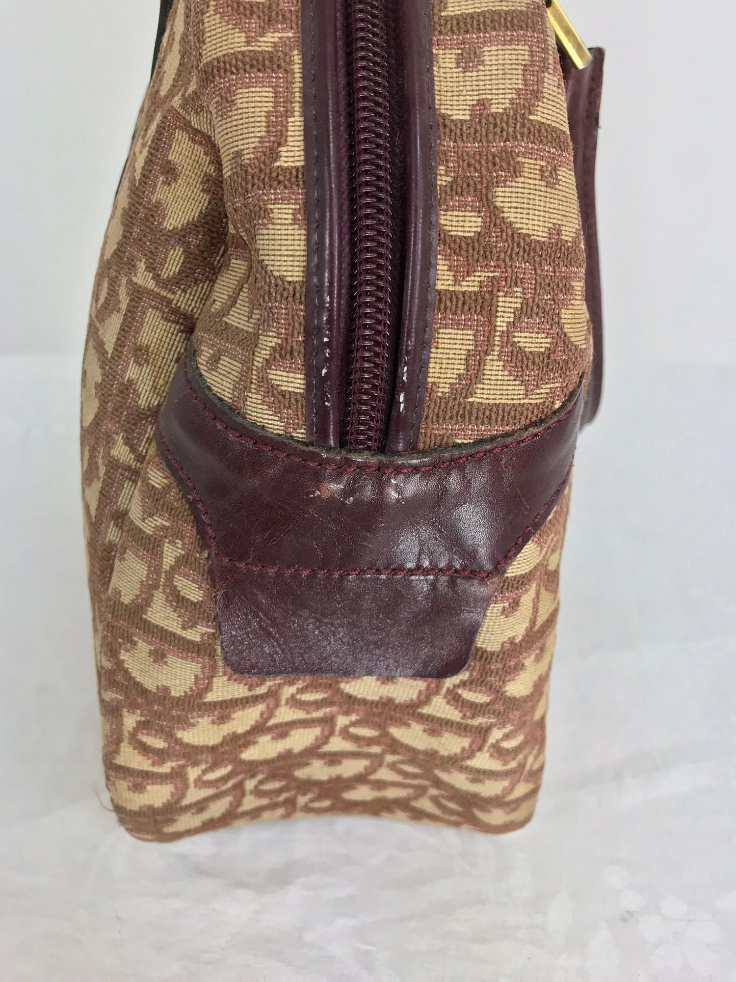 Christian DIor Burgundy Leather and Logo Canvas Large Handbag Rare 1970s  1