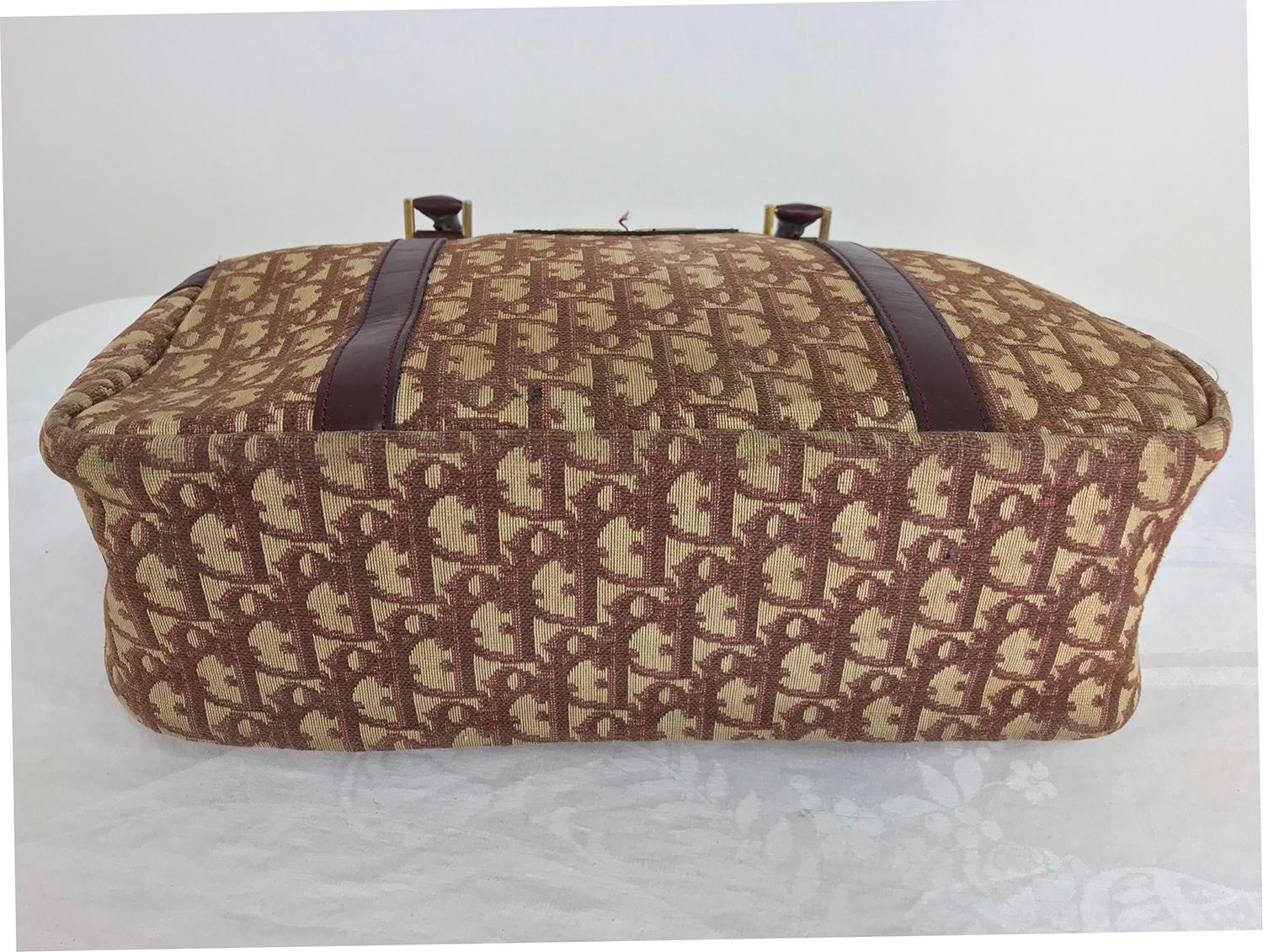 Christian DIor Burgundy Leather and Logo Canvas Large Handbag Rare 1970s  2