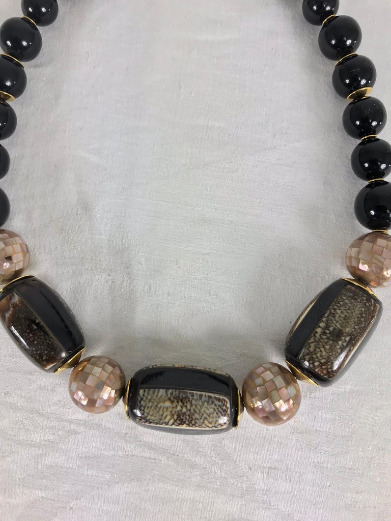 Balenciaga mosaic inlaid shell bead with gold necklace For Sale at 1stdibs
