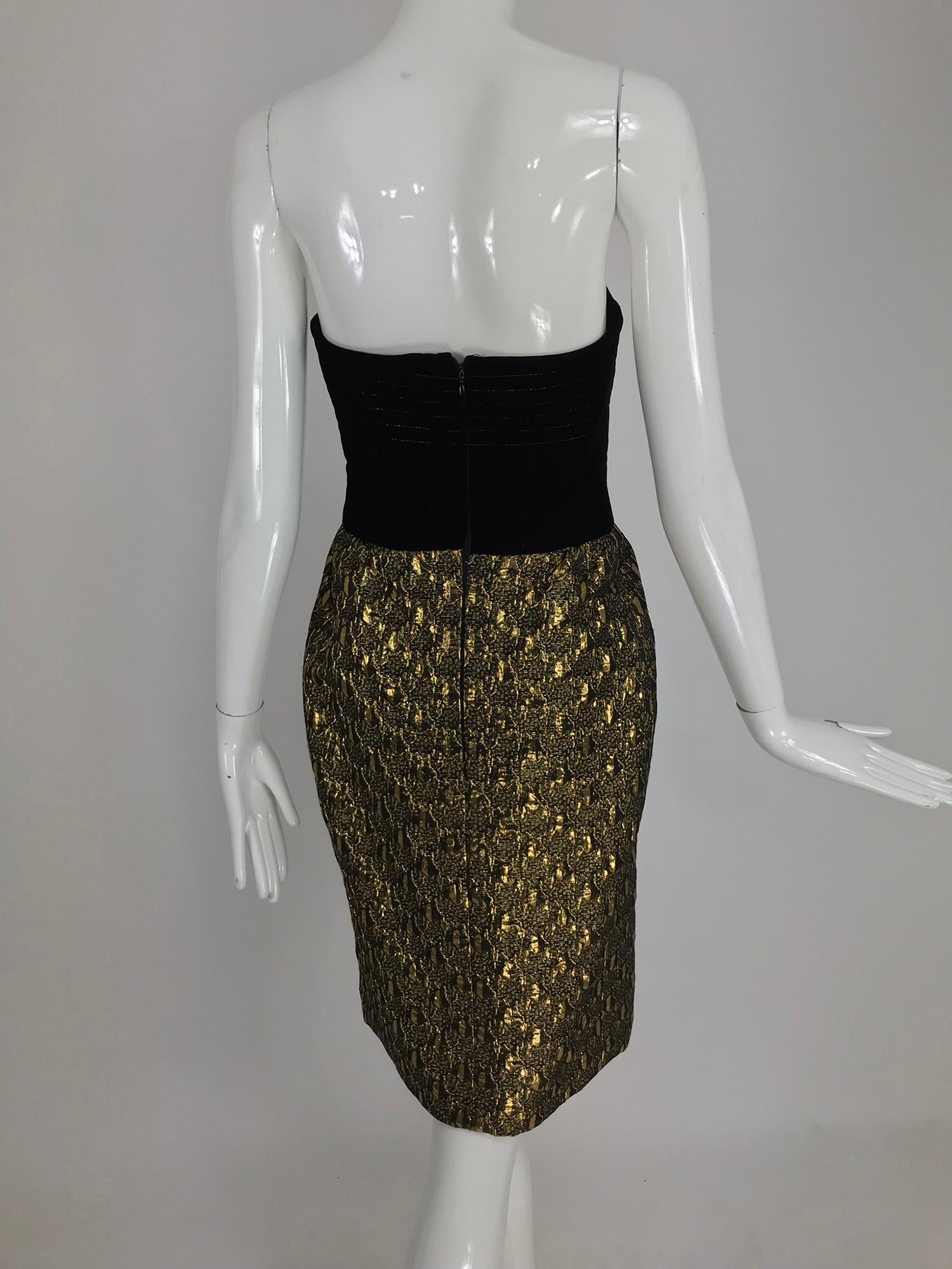 Jacqueline de Ribes gold metallic and black velvet strapless cocktail dress  1