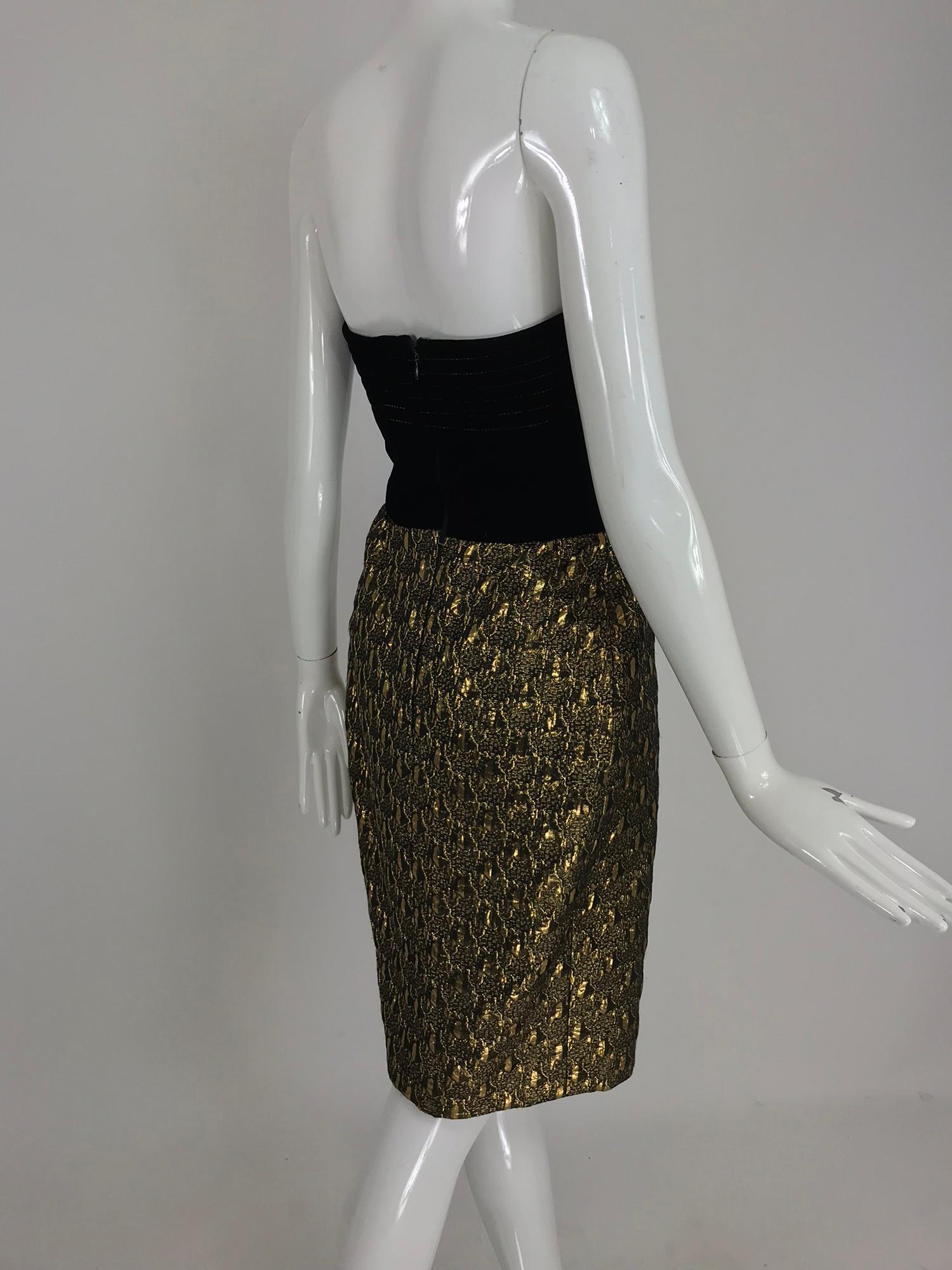 Jacqueline de Ribes gold metallic and black velvet strapless cocktail dress  3