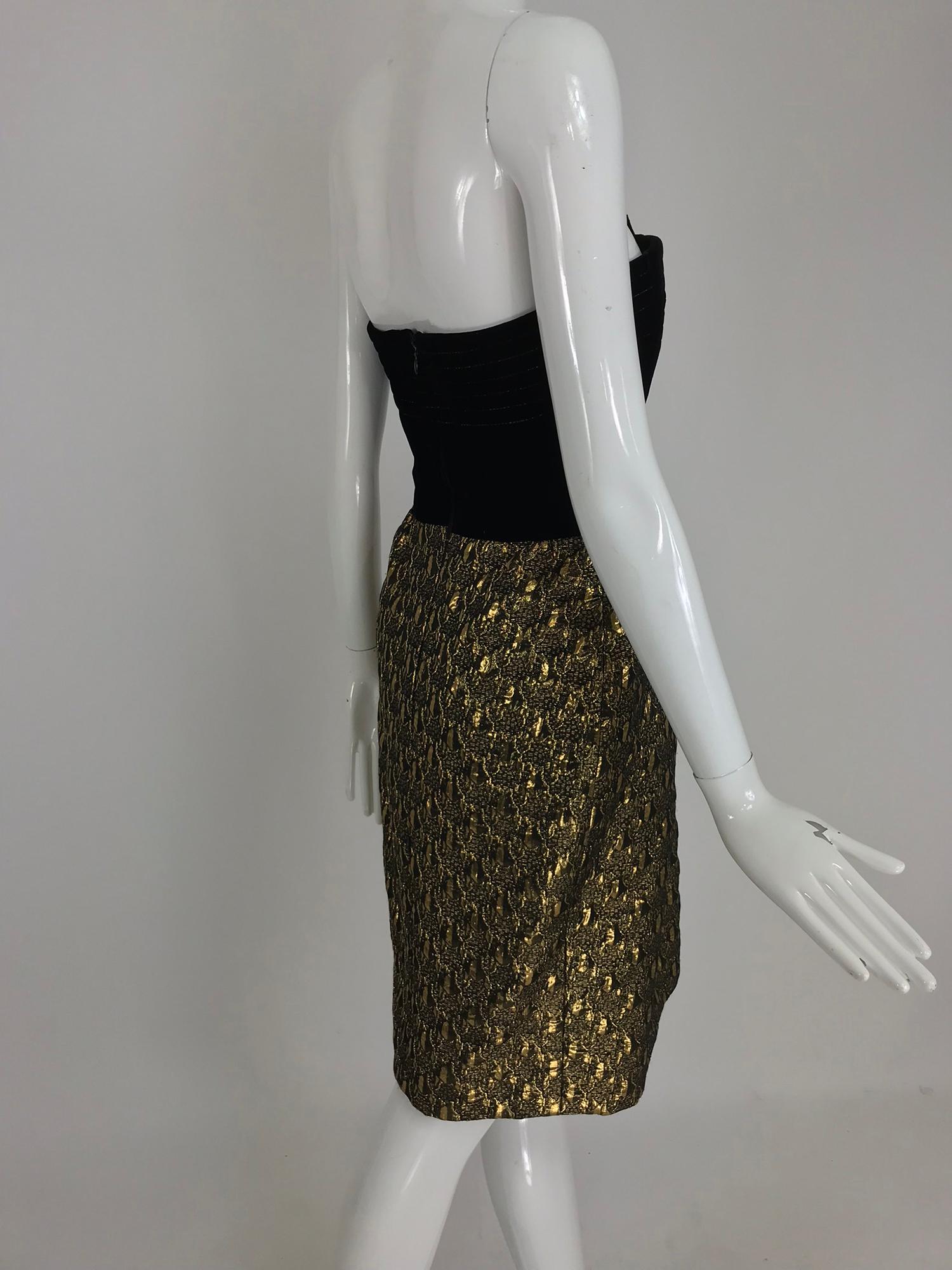 Jacqueline de Ribes gold metallic and black velvet strapless cocktail dress  4