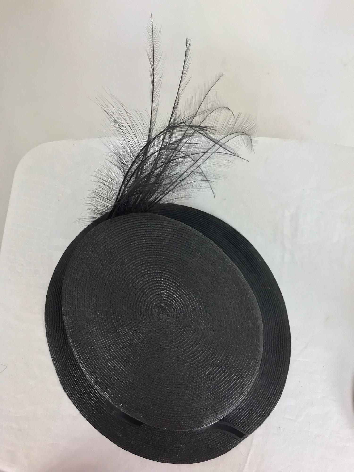 Black Edwardian Glazed black straw hat with Bird of Paradise feathers