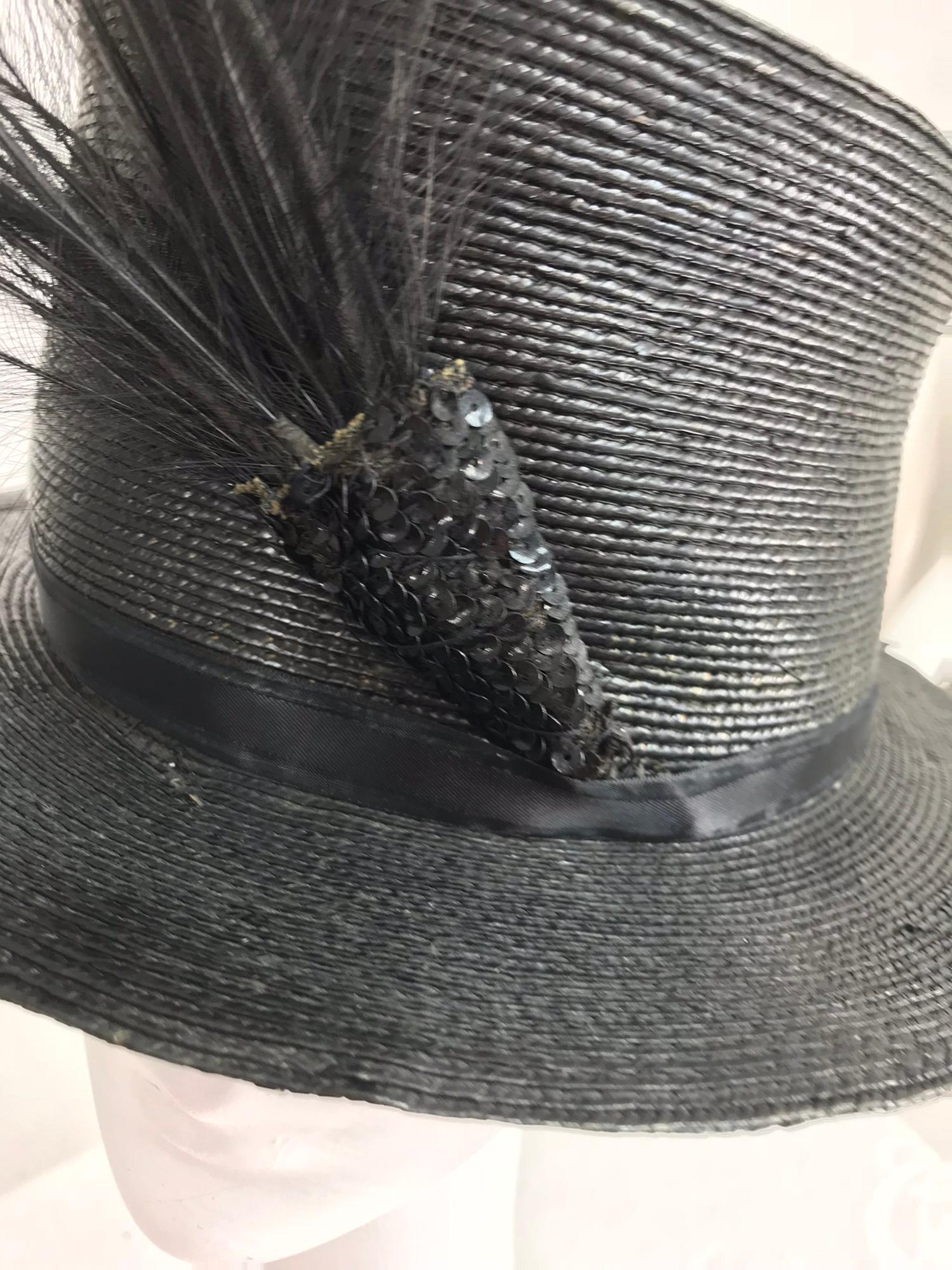 Edwardian Glazed black straw hat with Bird of Paradise feathers In Good Condition In West Palm Beach, FL