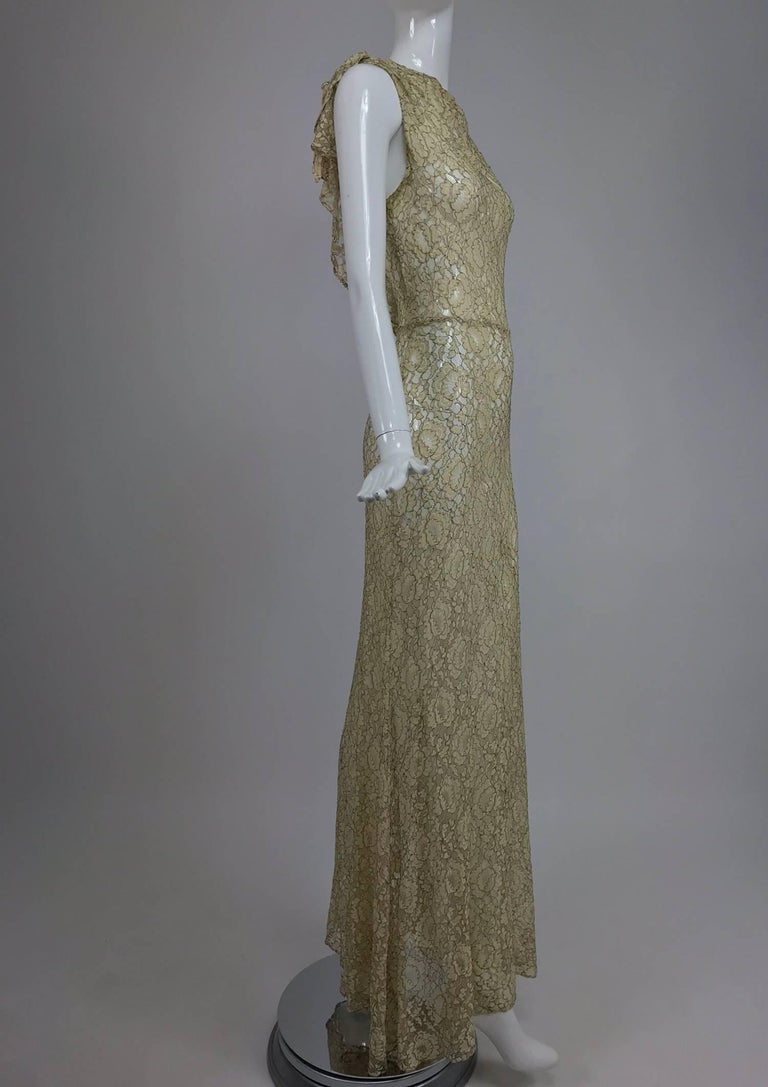 1930s Mixed Gold Metallic and Cream Lace Evening Dress For Sale at