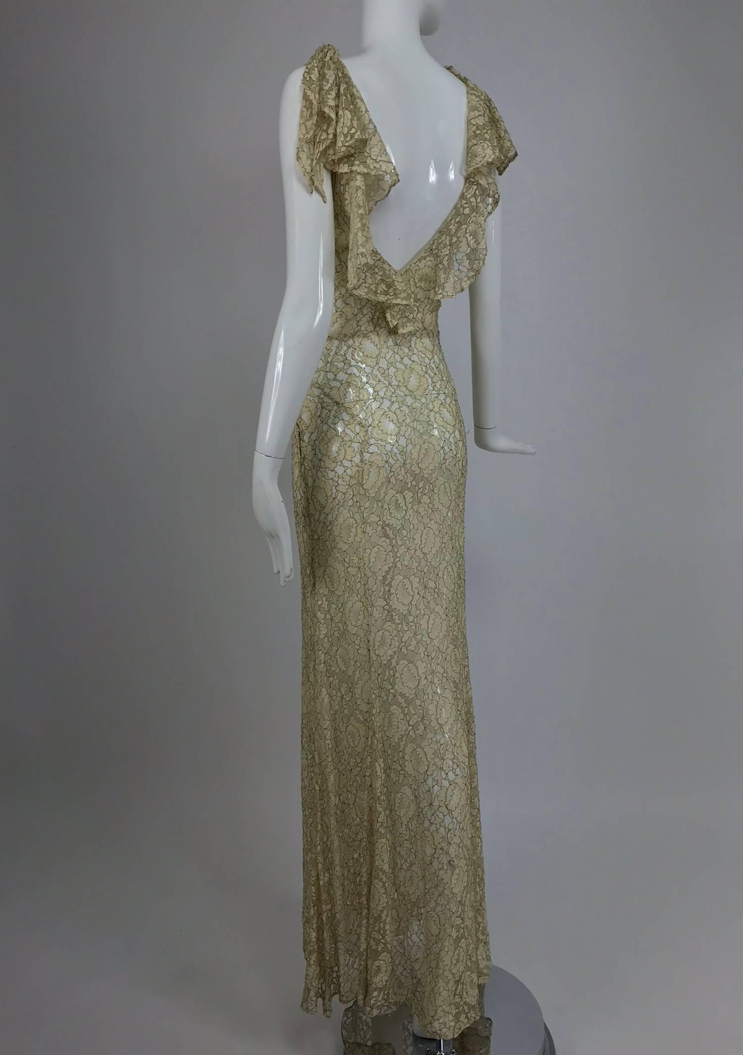 Gray 1930s Mixed Gold Metallic and Cream Lace Evening Dress