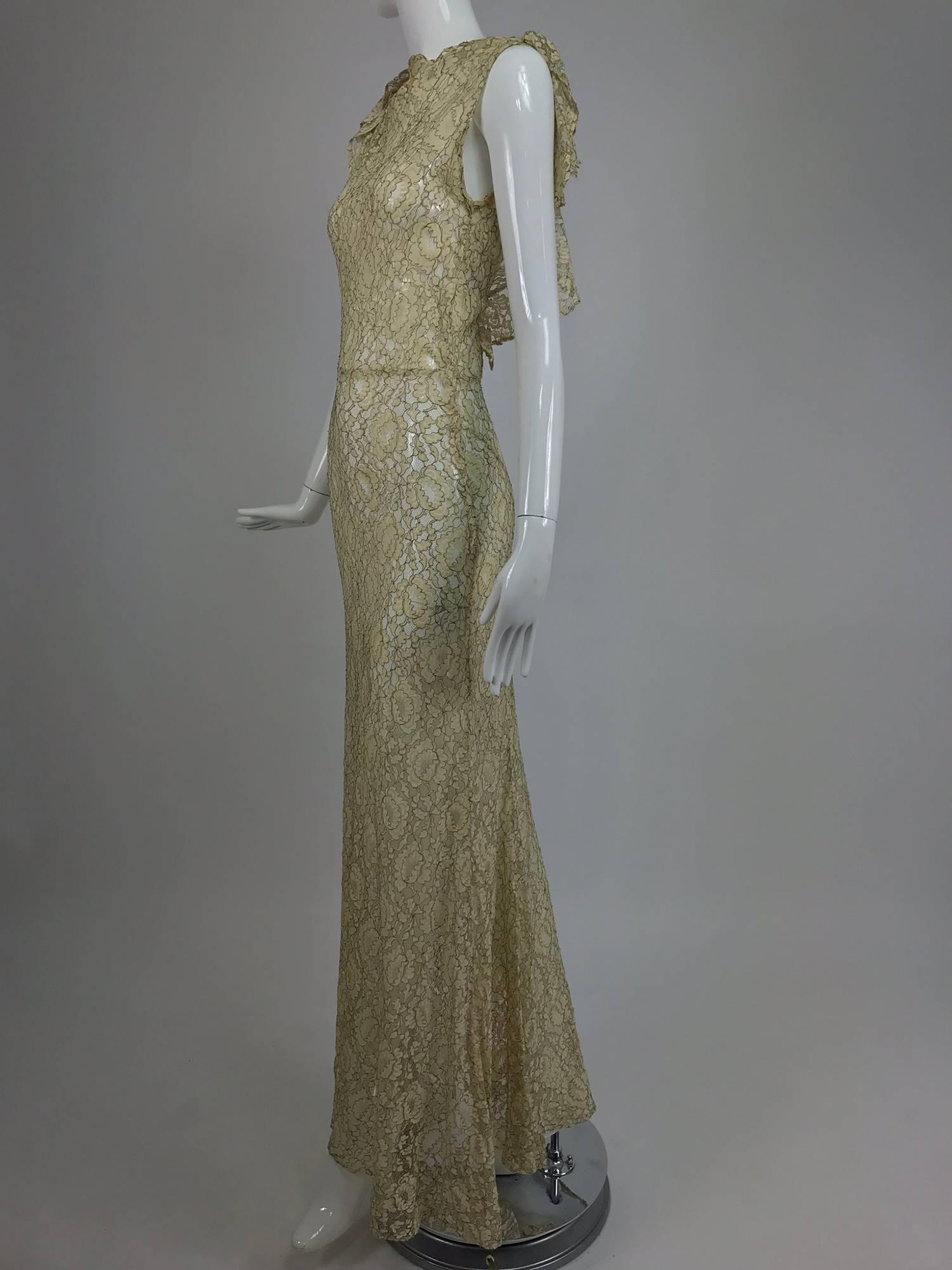 Women's 1930s Mixed Gold Metallic and Cream Lace Evening Dress