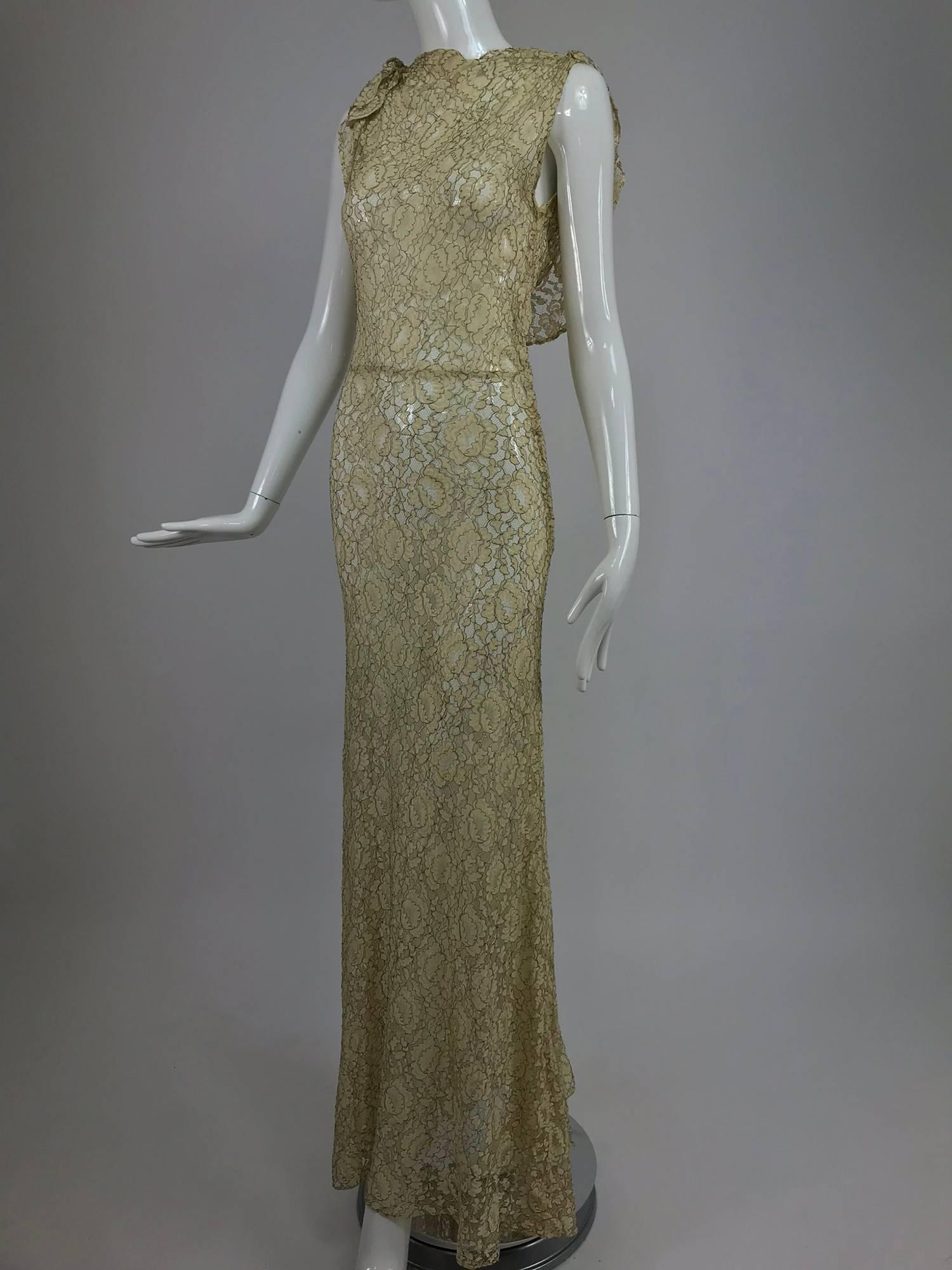 1930s Mixed Gold Metallic and Cream Lace Evening Dress 1